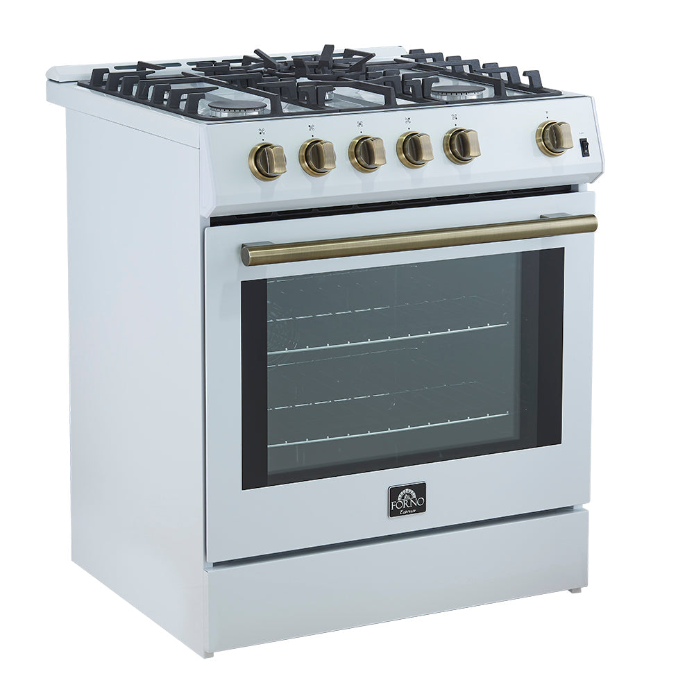 White 30-inch gas range with antique brass trim, front view and open black oven door