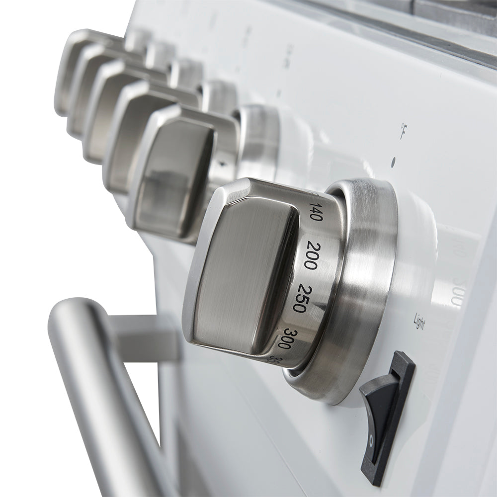 White gas range control knob with temperature markings and brushed metal face