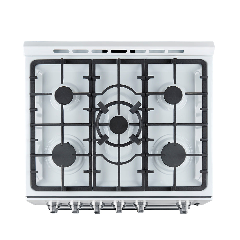 White gas cooktop with five black burner grates and control panel above