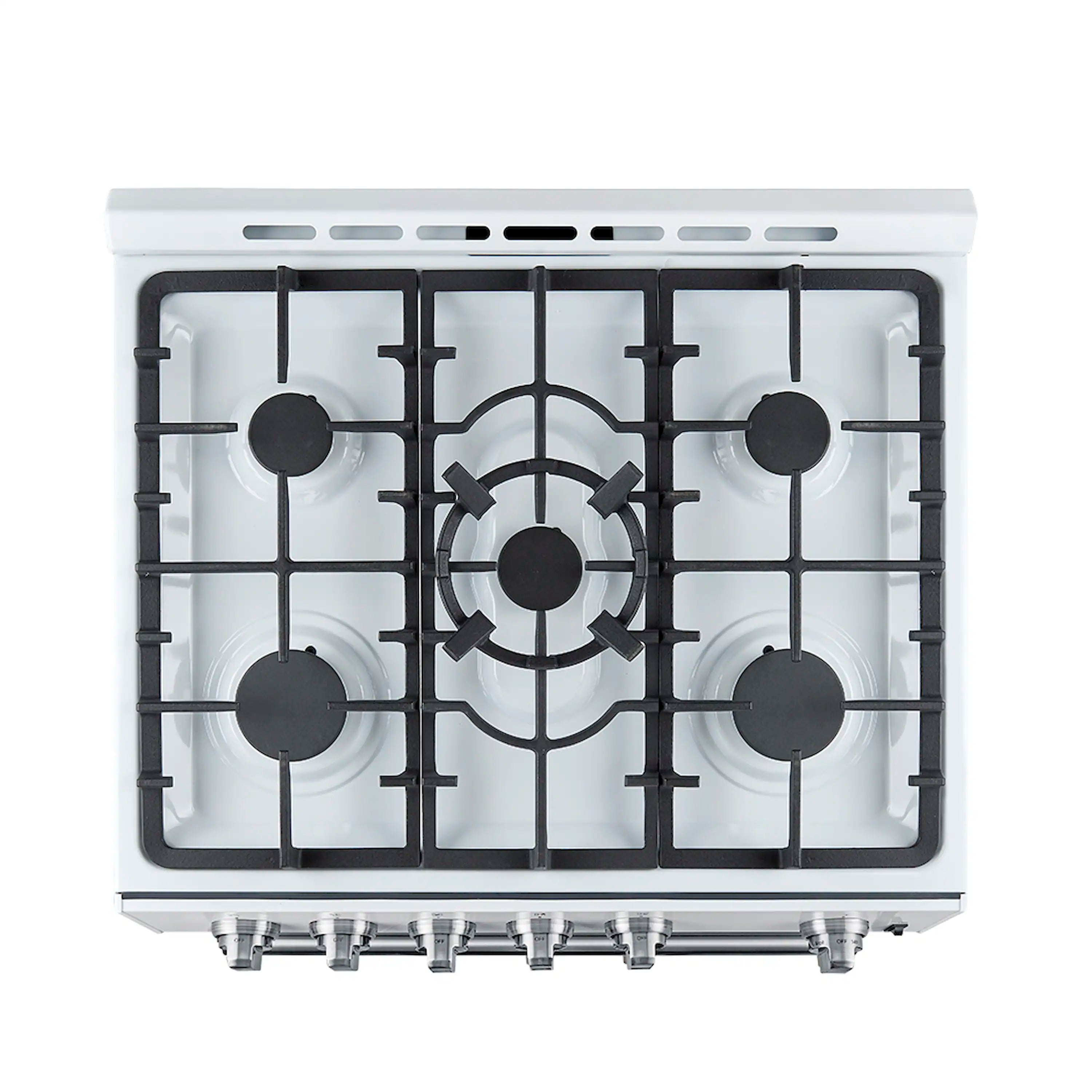 White gas cooktop with black burner grates and four burner caps.