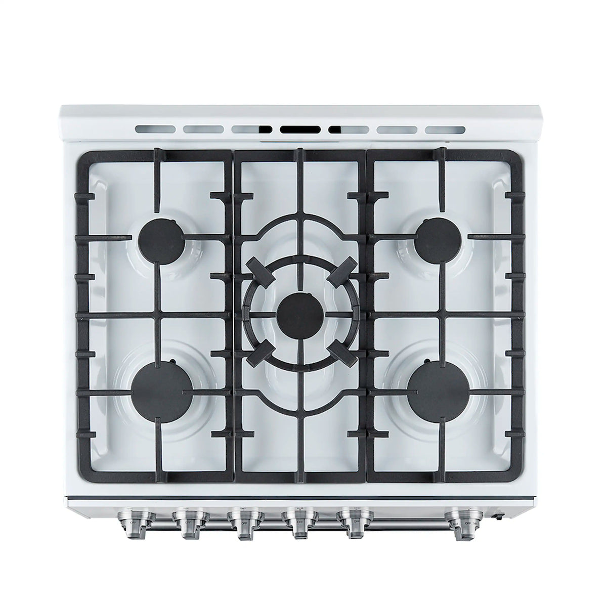 White gas cooktop with black burner grates and center burner cap