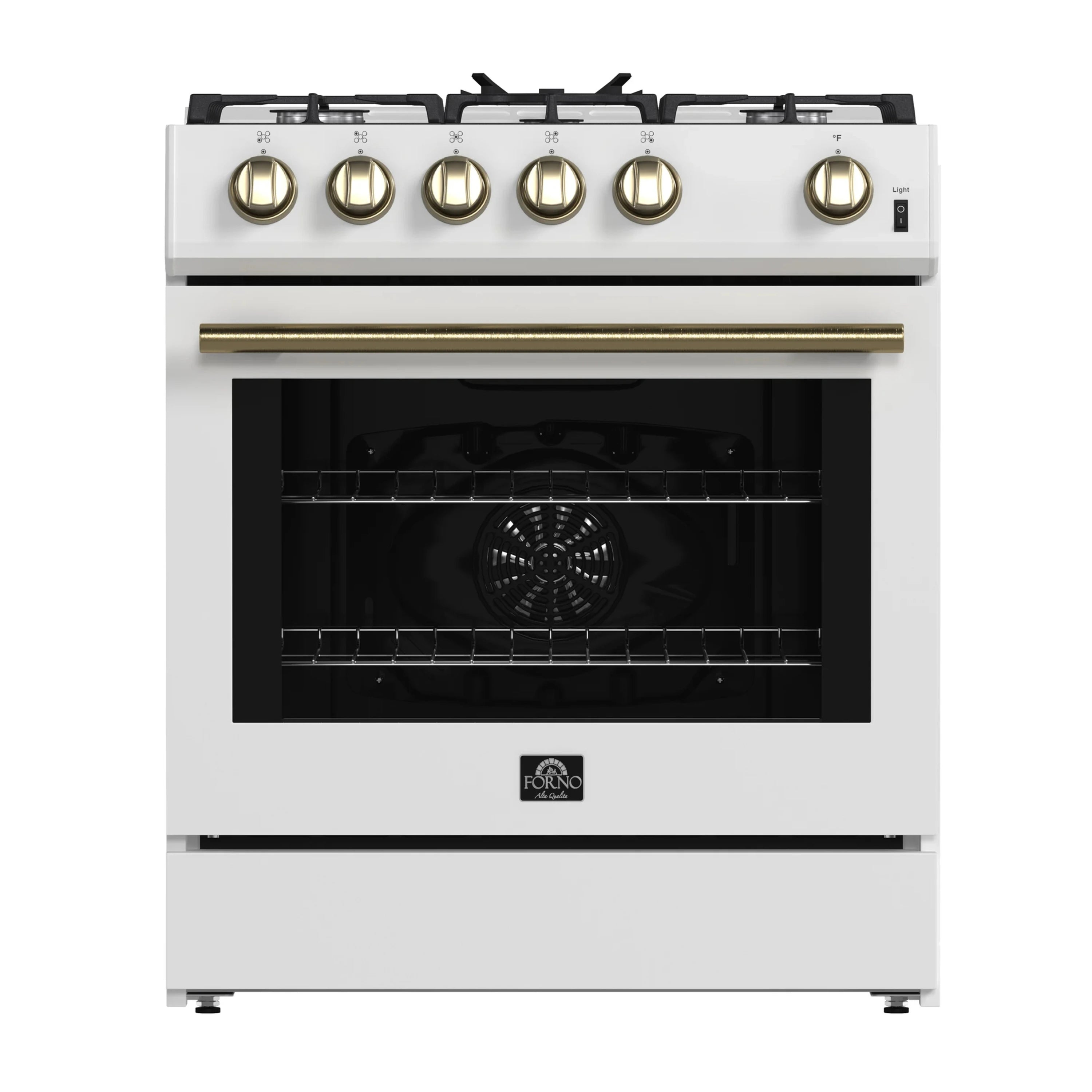White gas range front view with antique brass trim and closed oven door