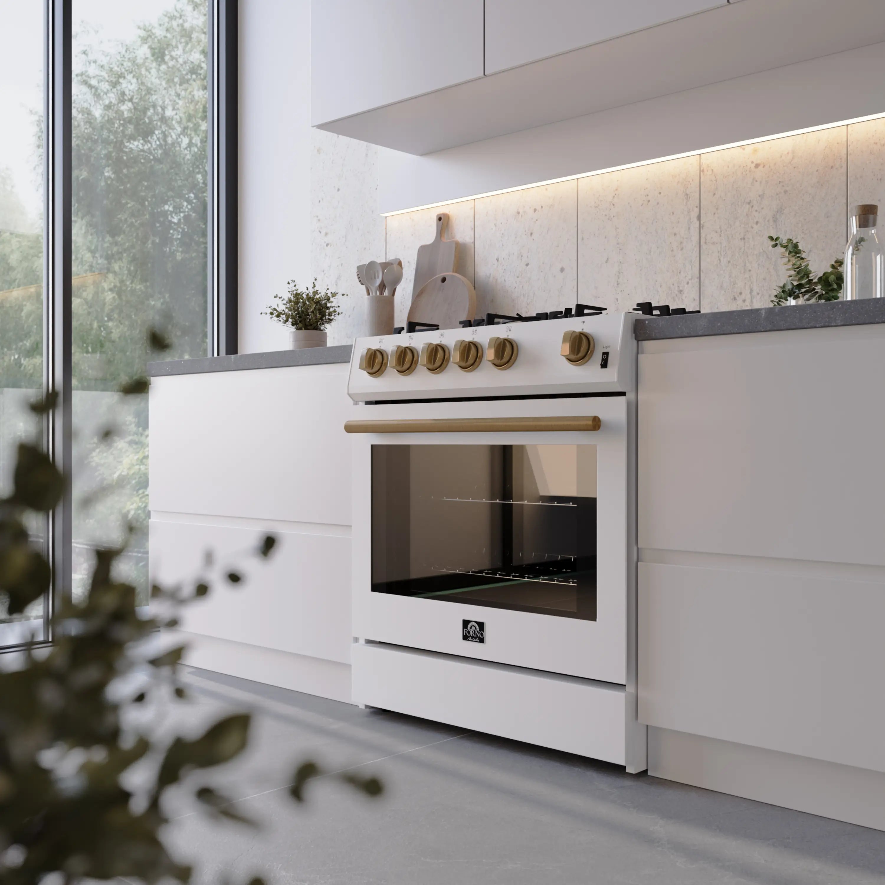 White gas range with antique brass burners and control panel in a kitchen setting