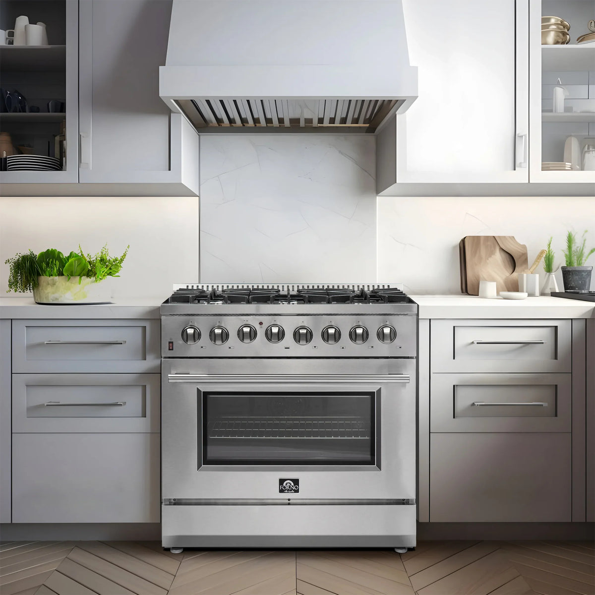 Forno 36-Inch Galiano 5.36 Cu. Ft. Dual Fuel Range with 6 Gas Burners, 240v Electric Convection Oven in Stainless Steel shown in a styled kitchen