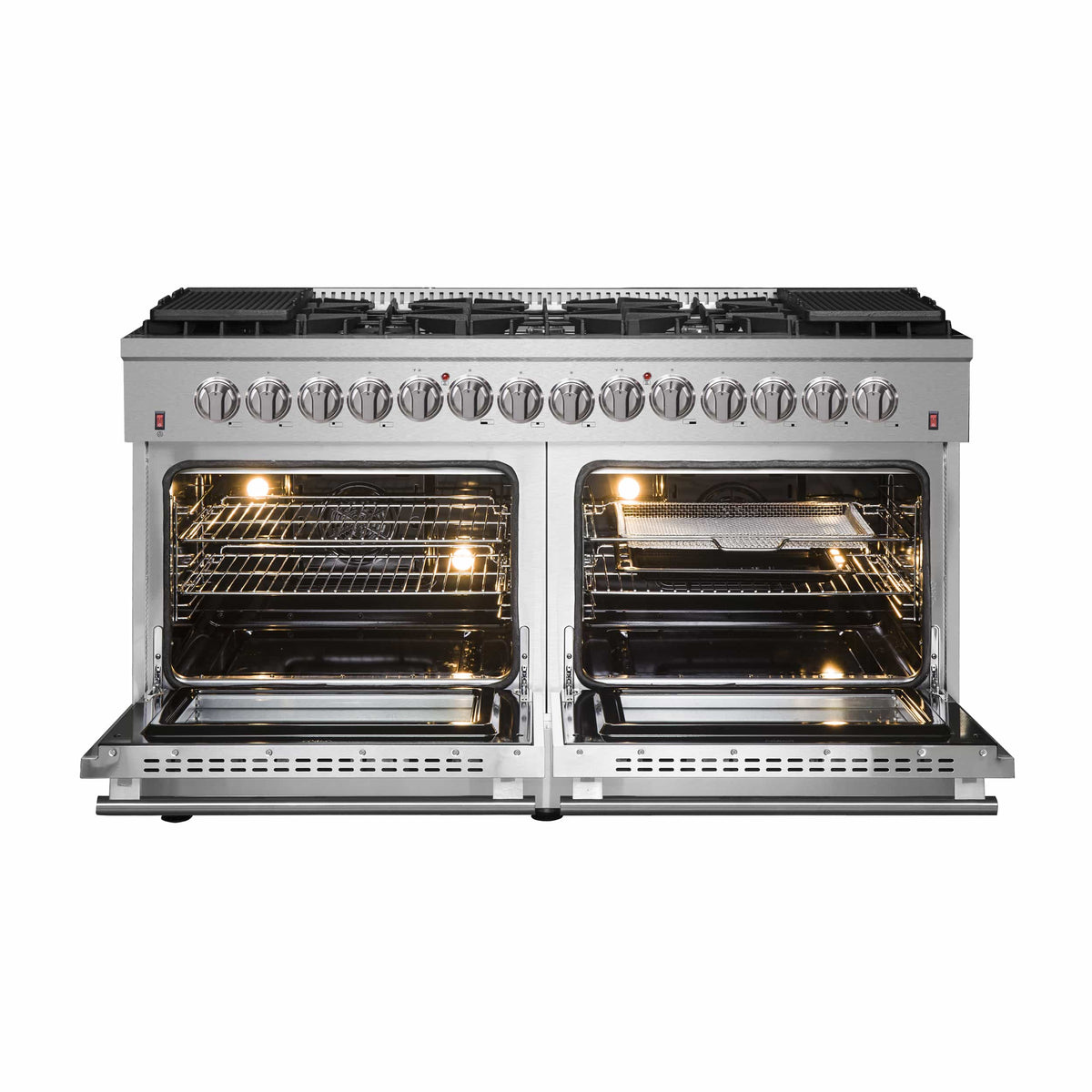 Stainless steel dual fuel range with both ovens open and interior lights on