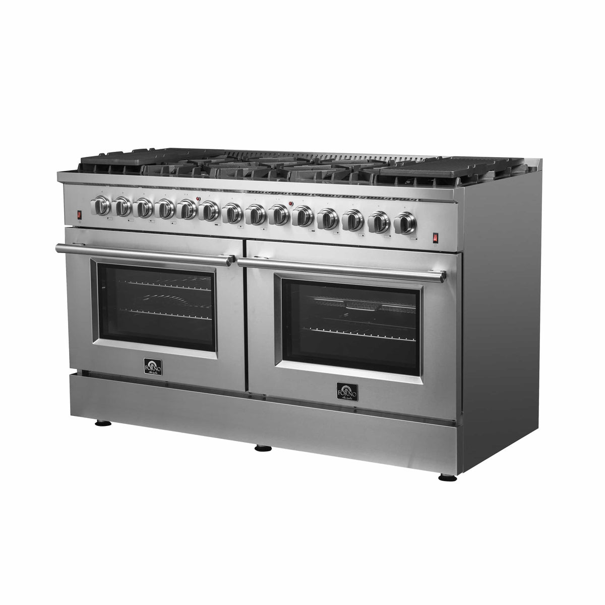 Stainless steel dual fuel range side view with control knobs and two oven doors