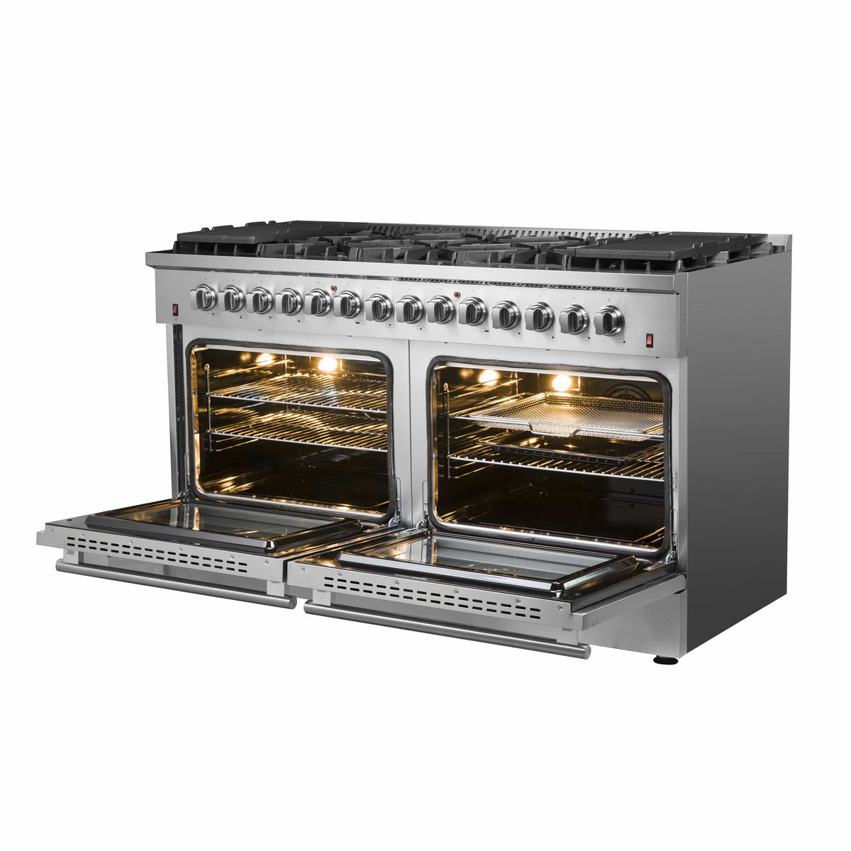 Stainless steel dual fuel range with ovens open, interior racks and lights visible