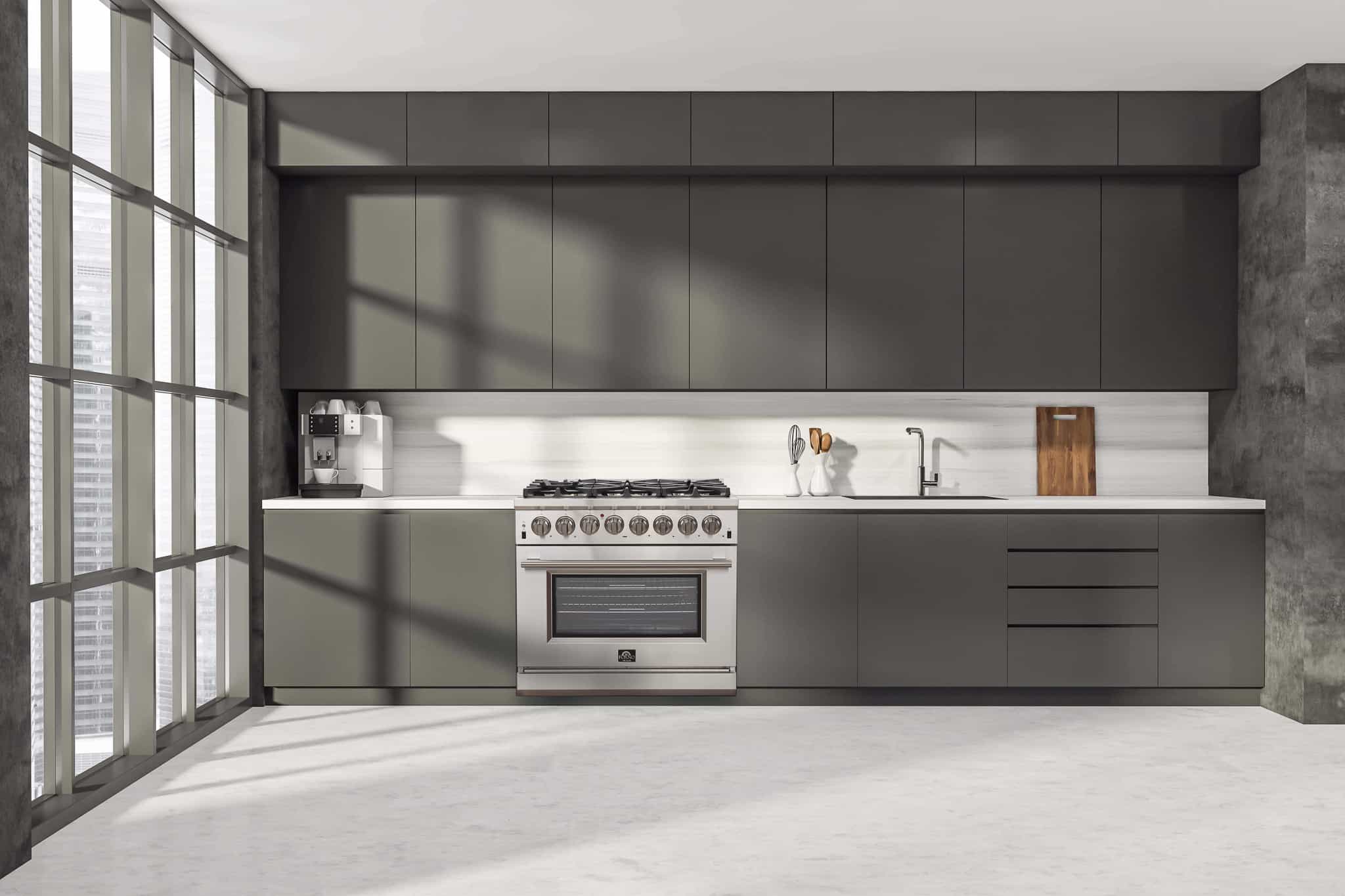 Stainless dual-fuel range with overhead hood and control panel in modern kitchen