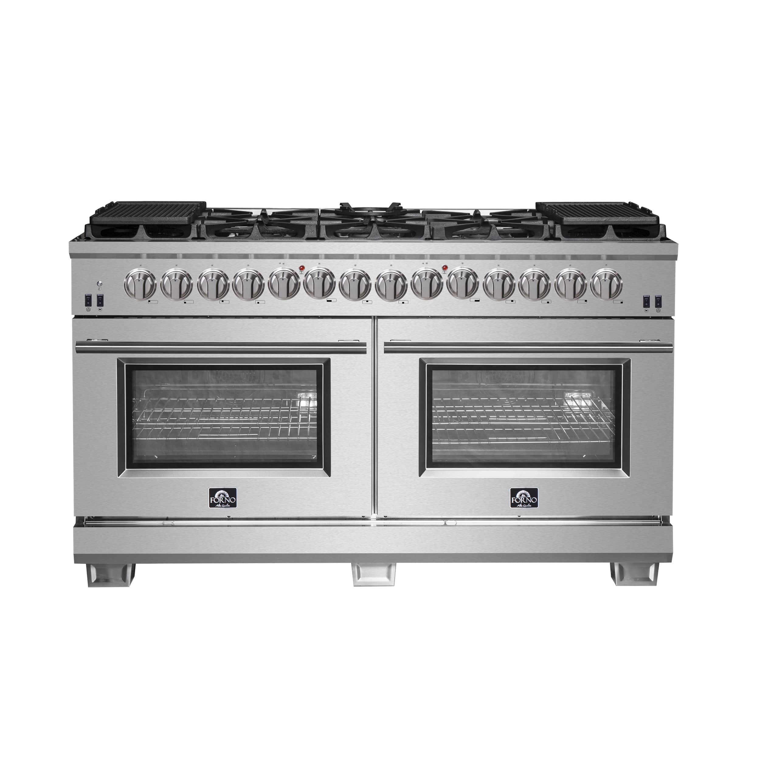 Stainless steel dual fuel range with two oven windows and black glass doors