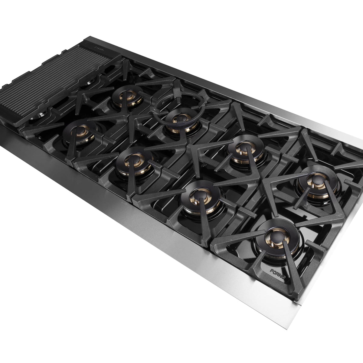 Dual fuel range cooktop with six black gas burners on stainless steel surface