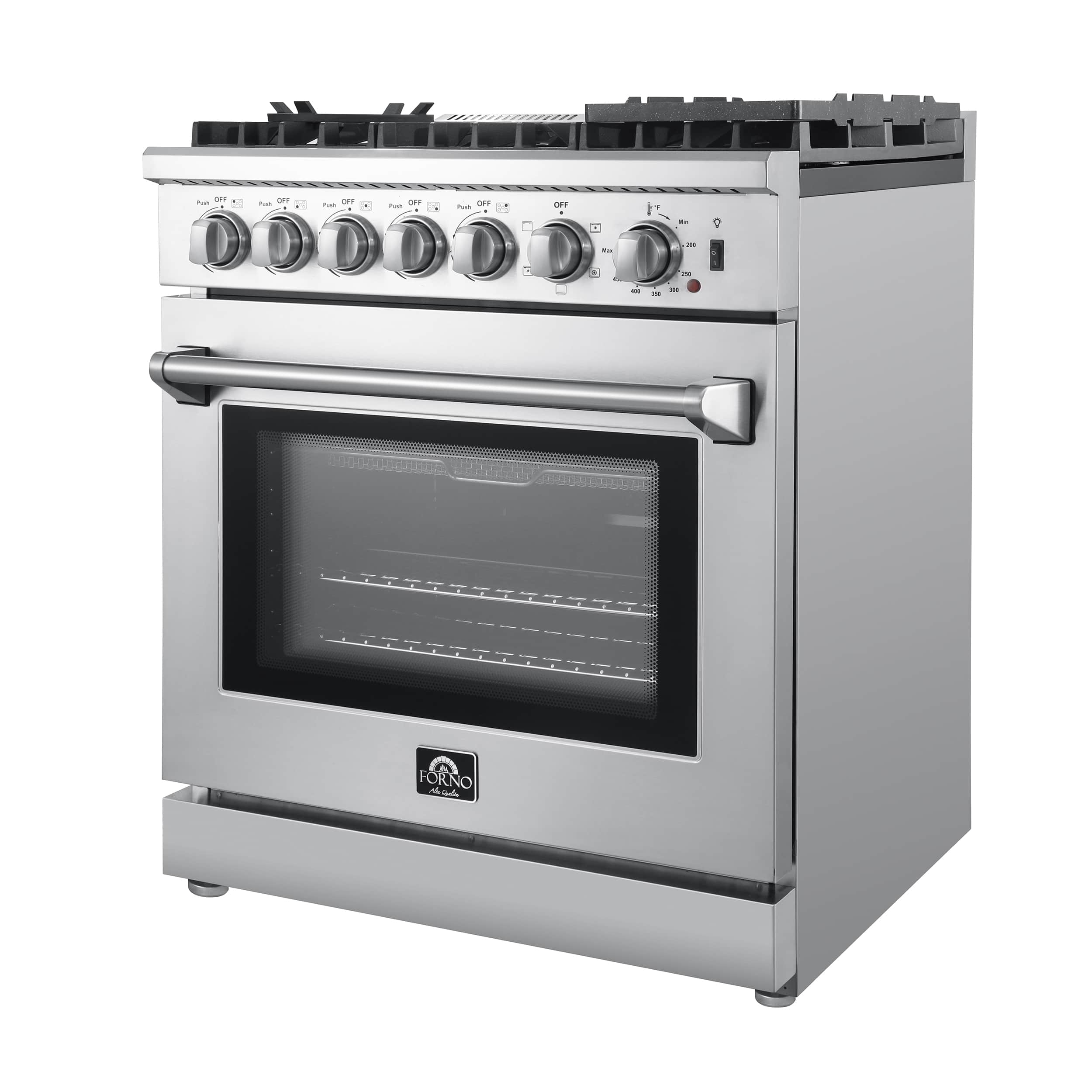 Stainless dual fuel range with burner grates and oven door with window