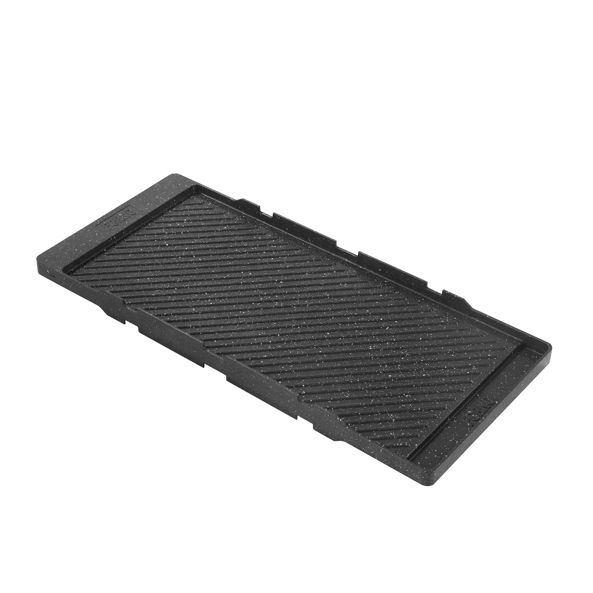 Black cast-iron griddle tray with ridged cooking surface and raised edges