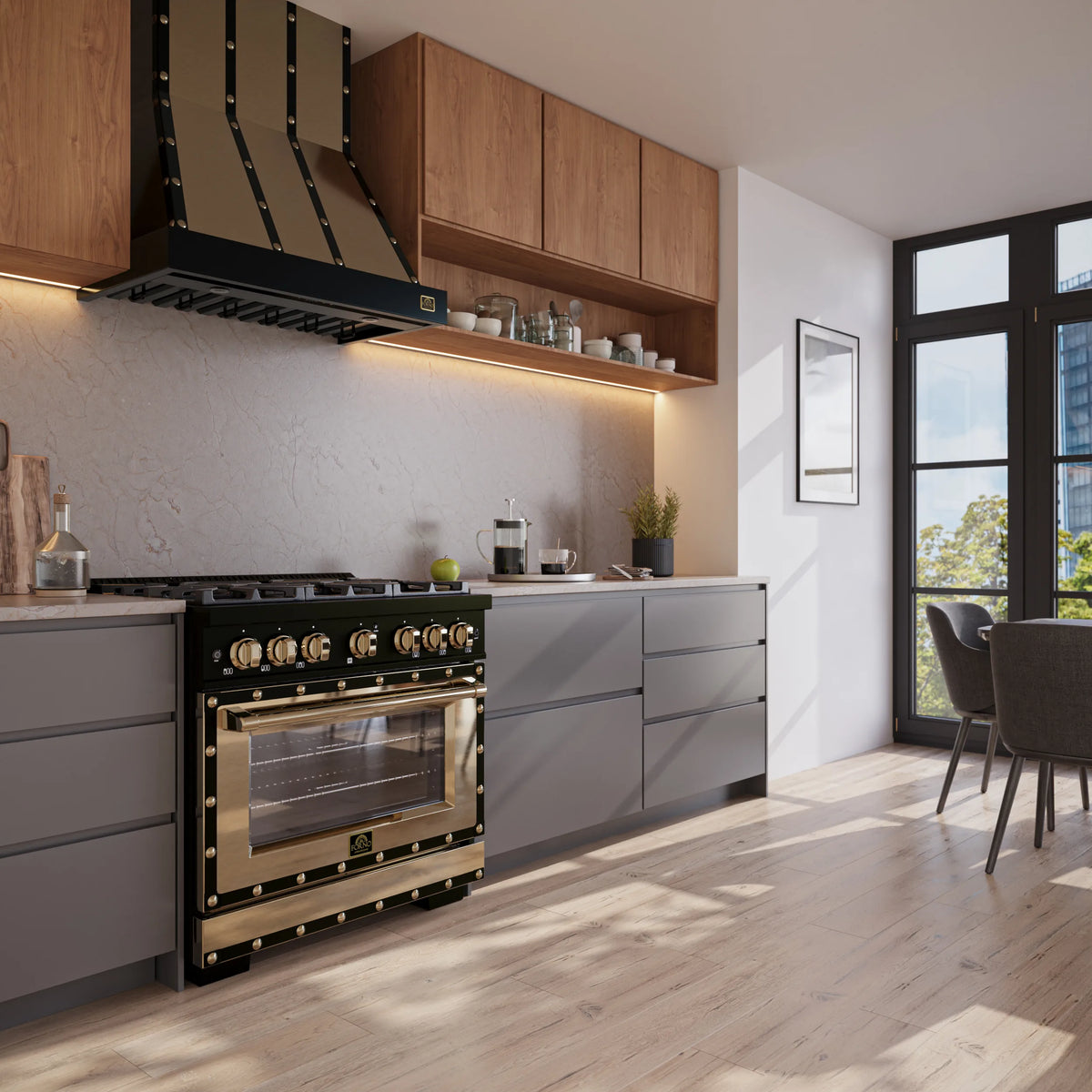 Forno Ambassador 36-Inch Dual Fuel Range in Black with 6 Sealed Burners, 71,000 BTU Cooktop Output, 5.2 Cu.Ft. Convection Oven, Telescopic Racks shown in a styled kitchen