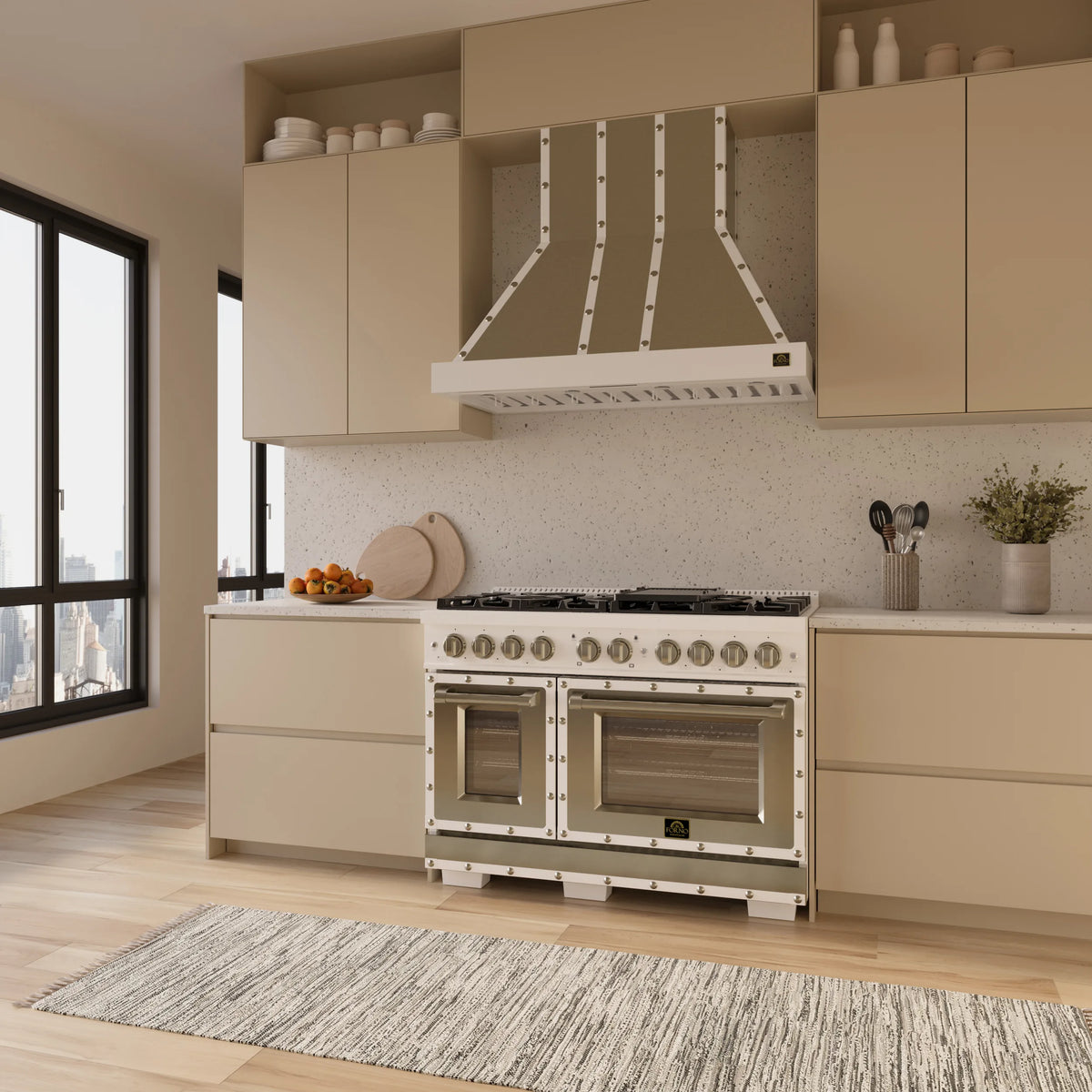 Forno Ambassador 48-Inch Dual Fuel Range in White with 8 Sealed Burners, 94,000 BTU Cooktop Output, 6.7 Cu.Ft. Double Oven, Telescopic Racks shown in a styled kitchen