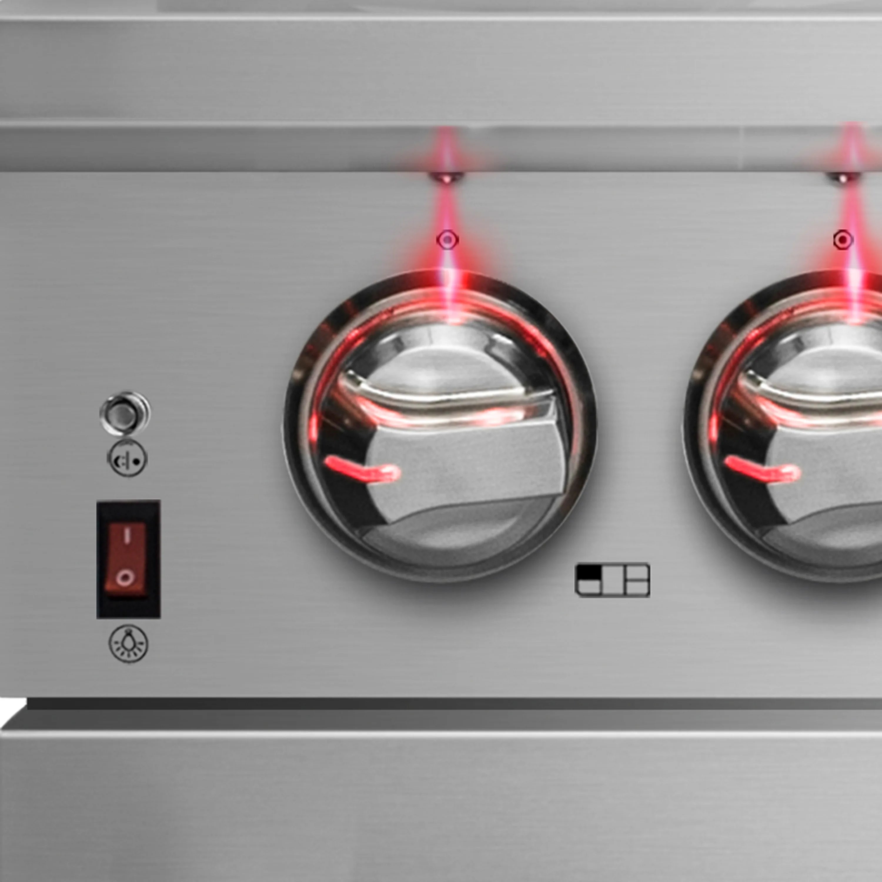 Gas range control panel with burner knobs and red indicator lights