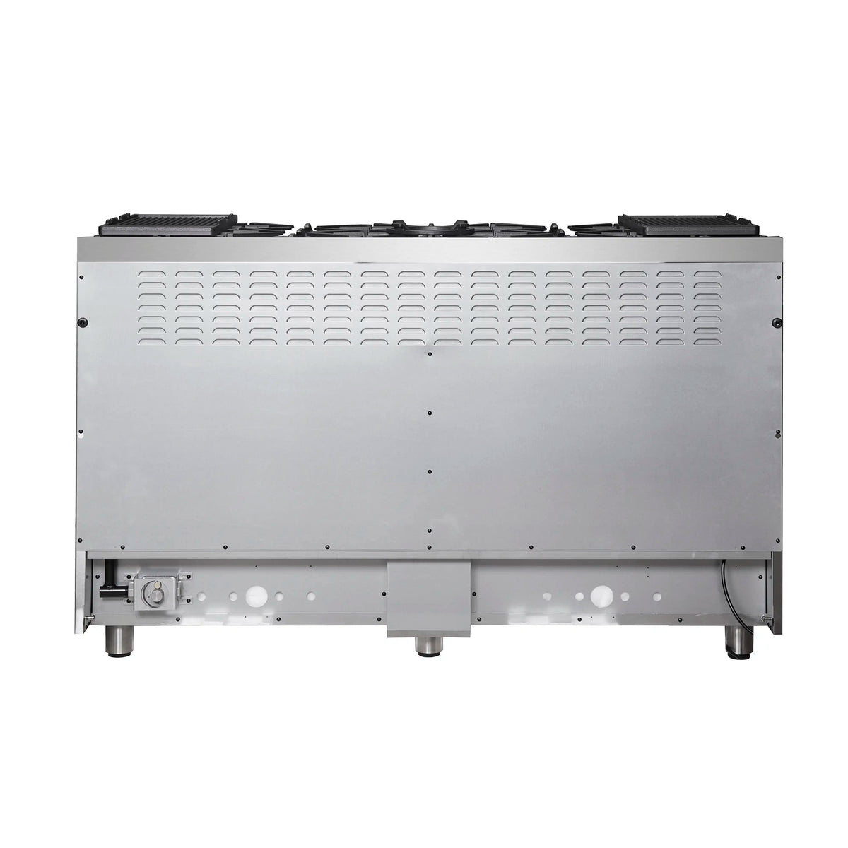 Back view of stainless steel 60-inch dual-oven gas range with rear venting panel
