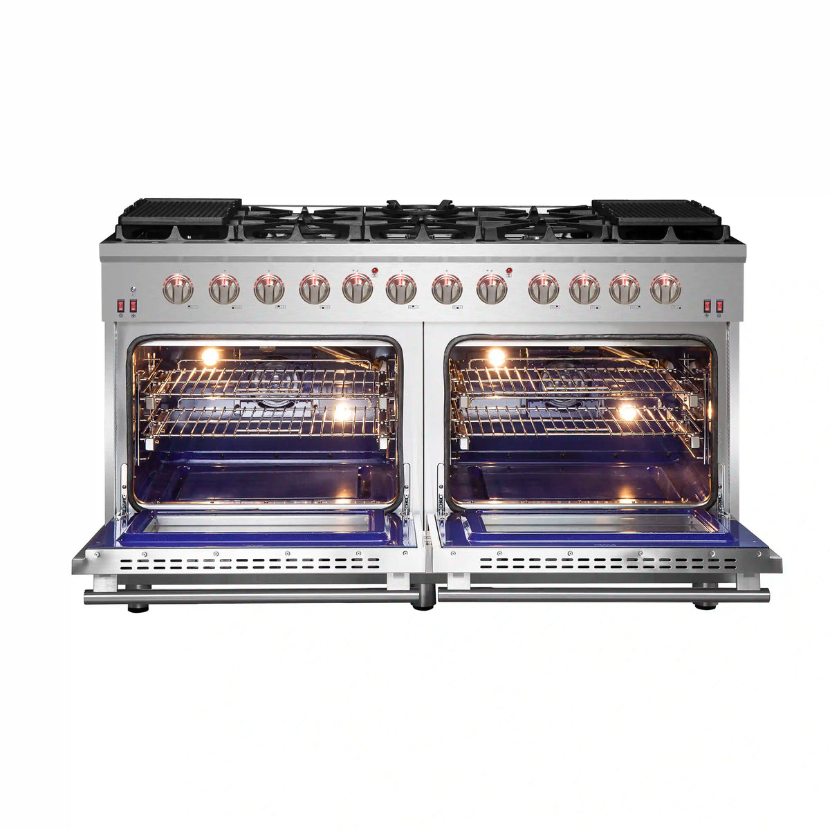 Stainless steel dual-oven gas range with both oven doors open and interior lights on