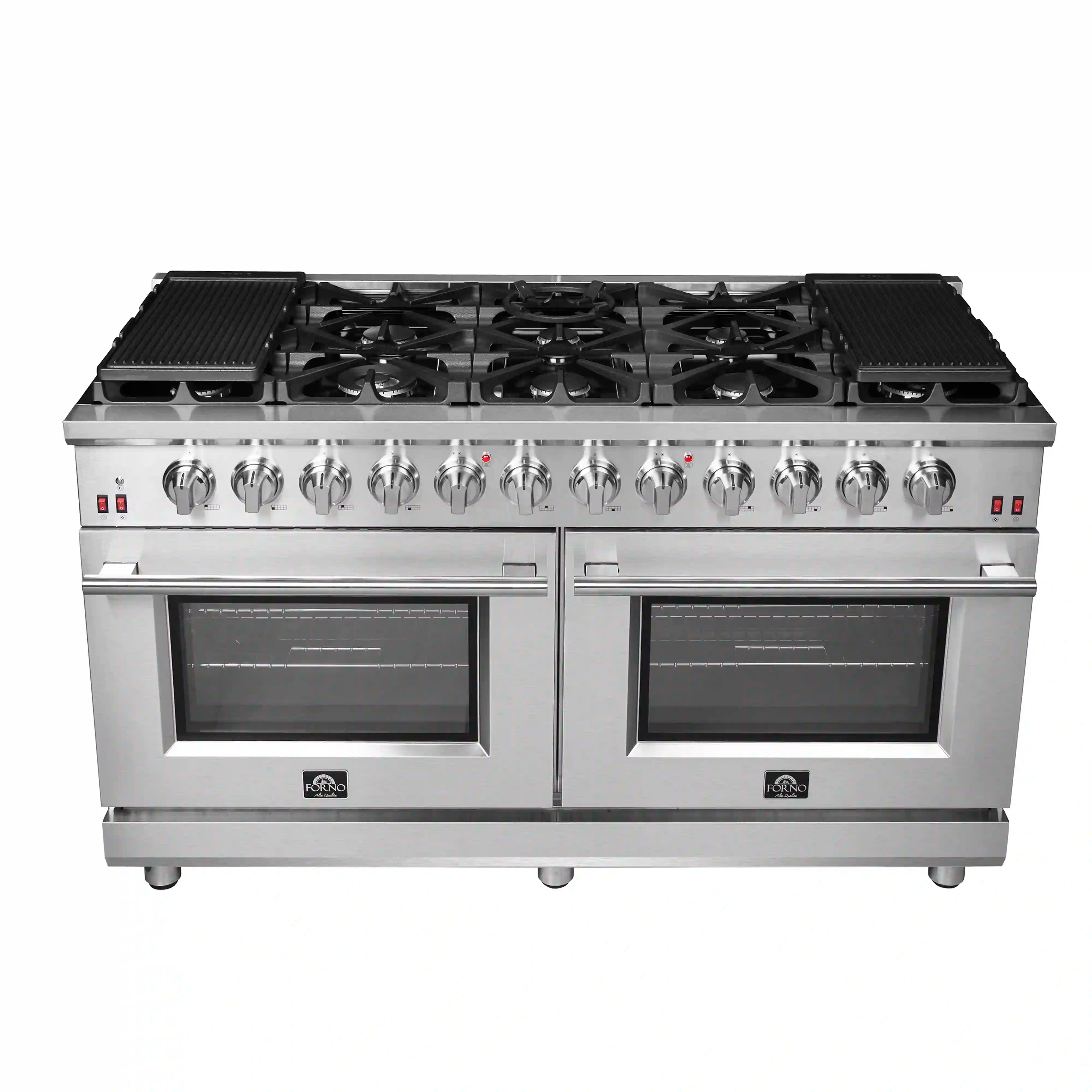 Stainless steel 60-inch gas range front view with two oven doors and control knobs