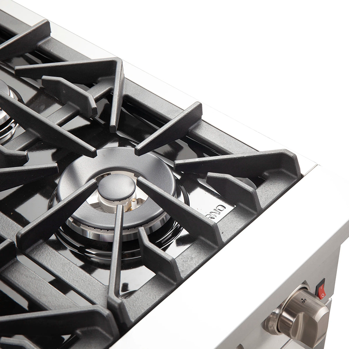 Black cast-iron cooktop grate with central gas burner