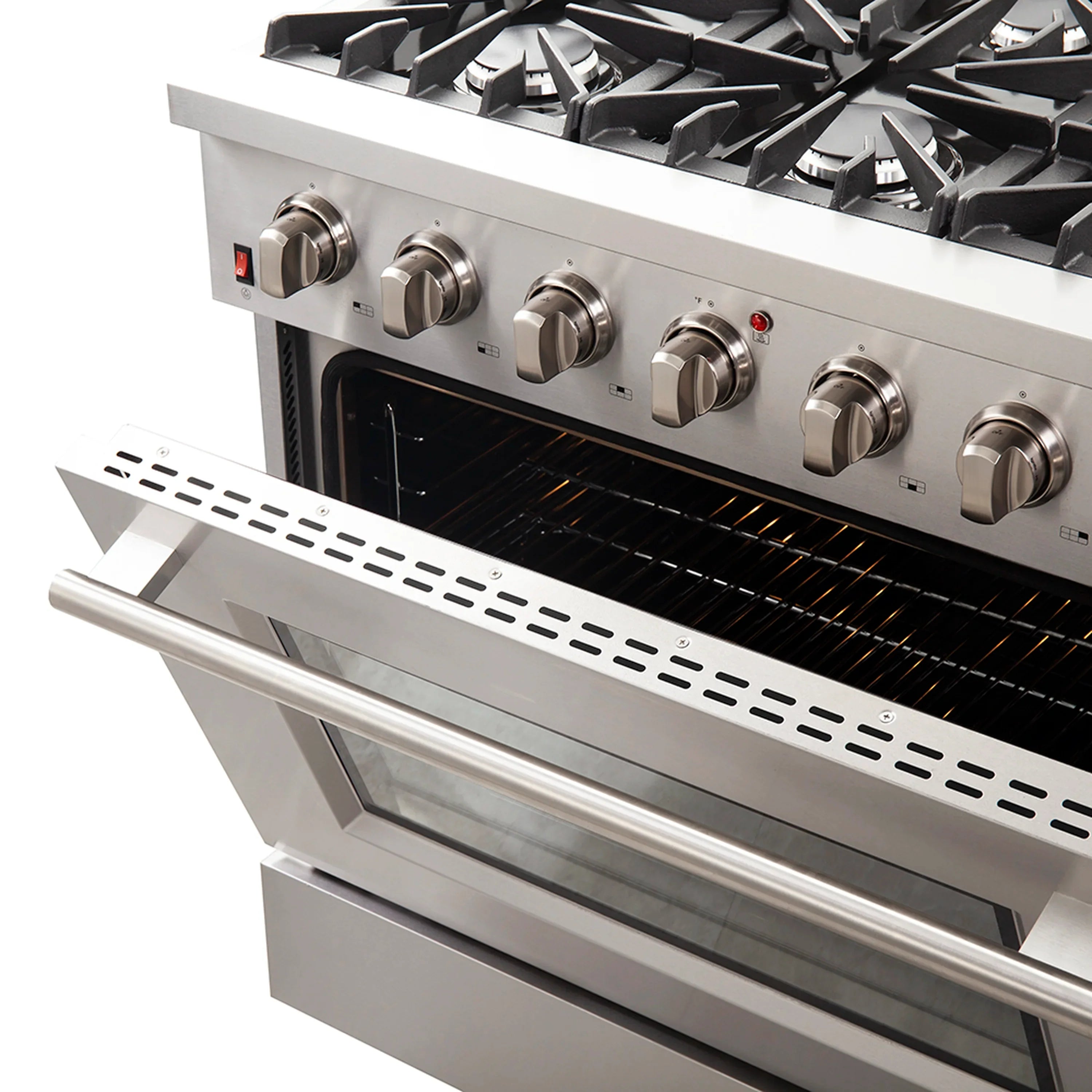 Stainless gas range close-up: front knobs and open oven door