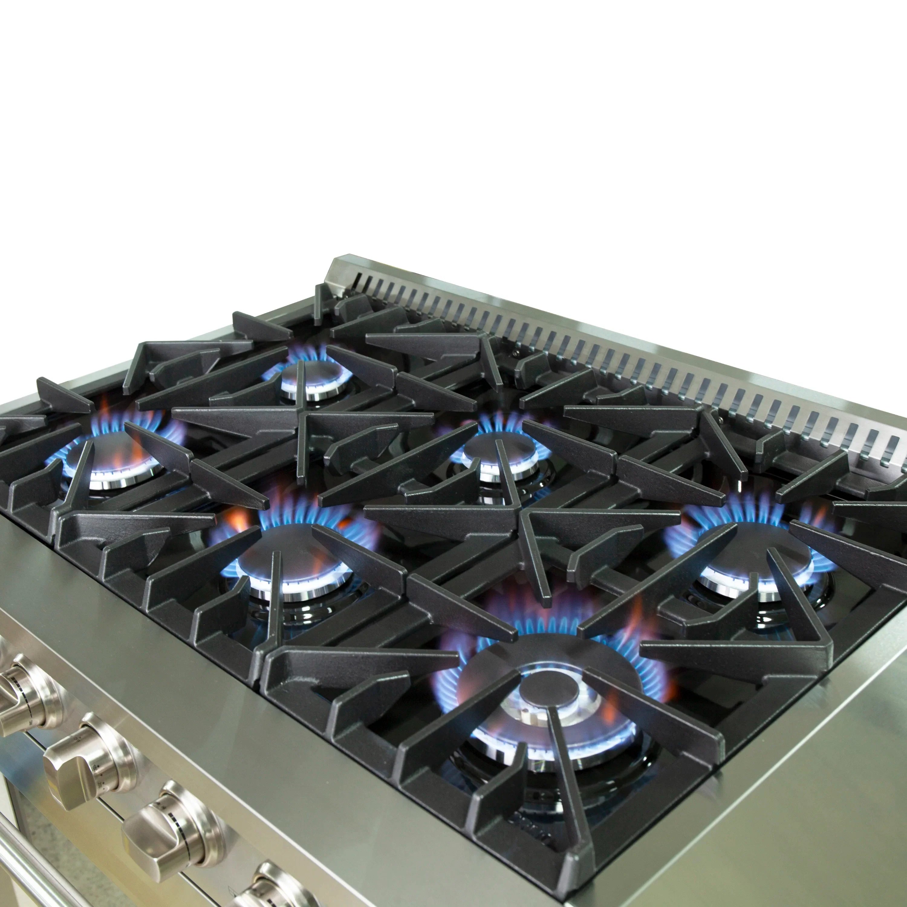 Stainless gas cooktop with six black grates and blue flame burners