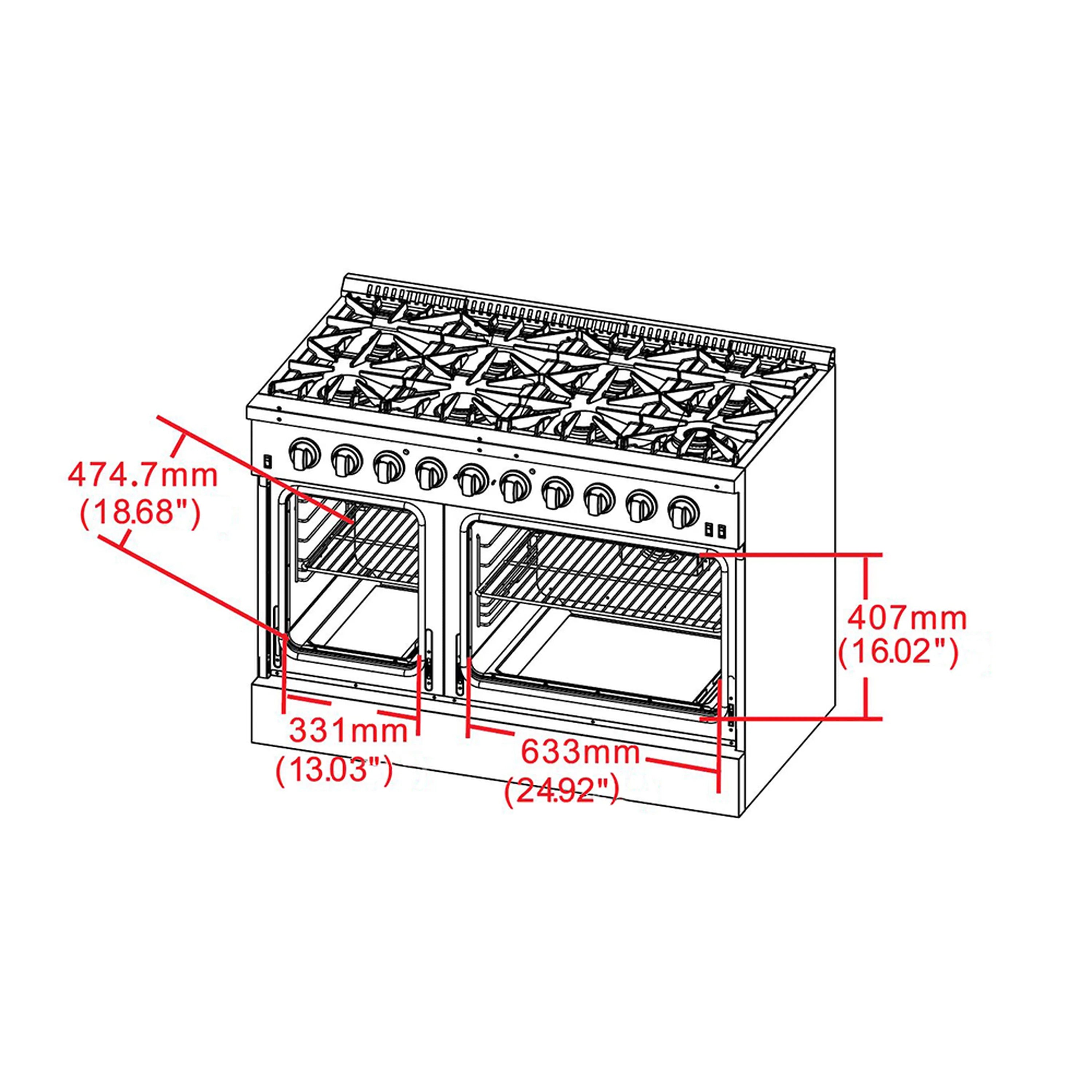 Stainless steel gas range side view with dimension diagram overlays