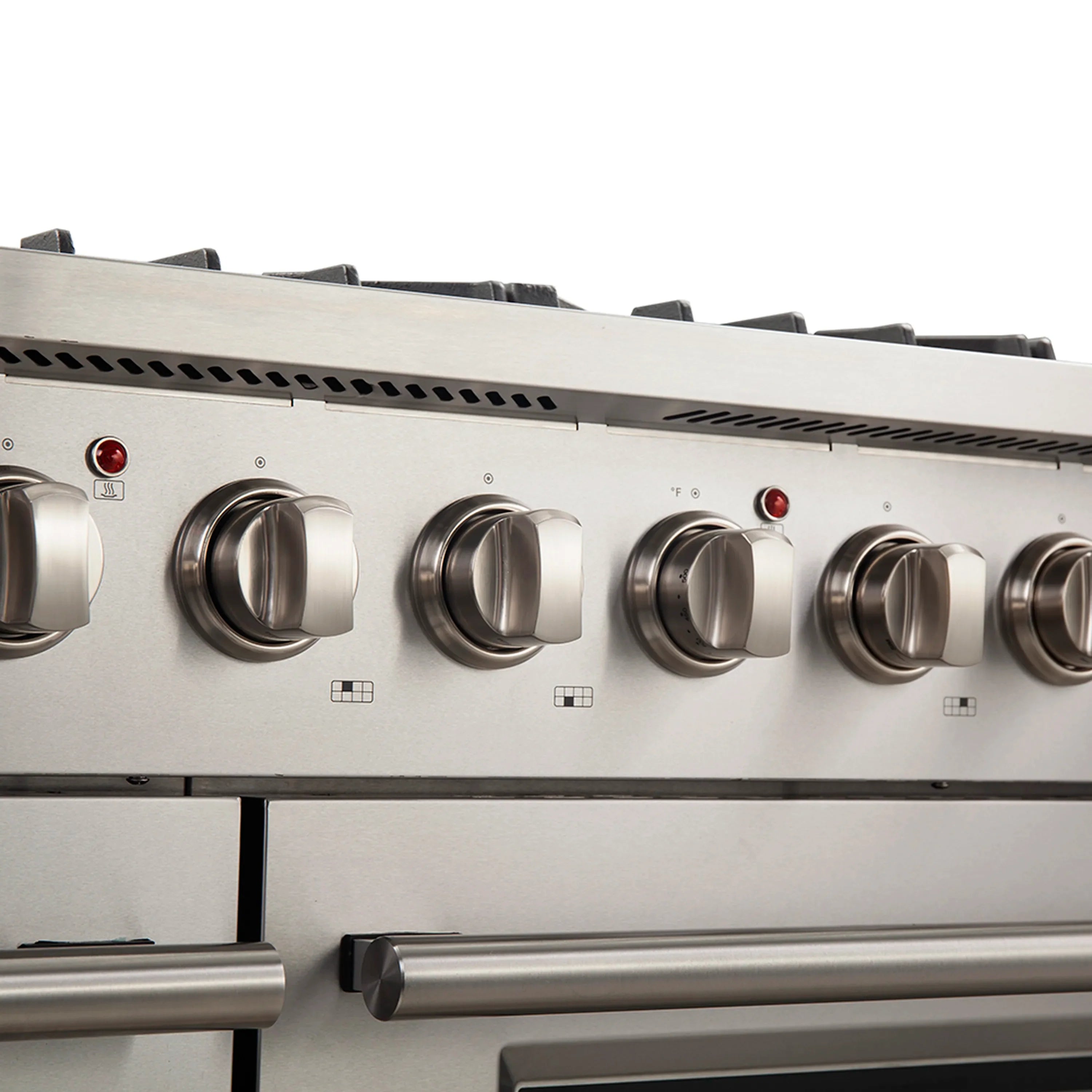 Stainless gas range control panel with burner knobs and vent slots