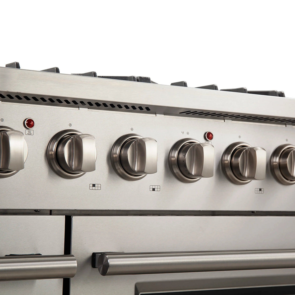 Stainless gas range cooktop with round control knobs and burner grates