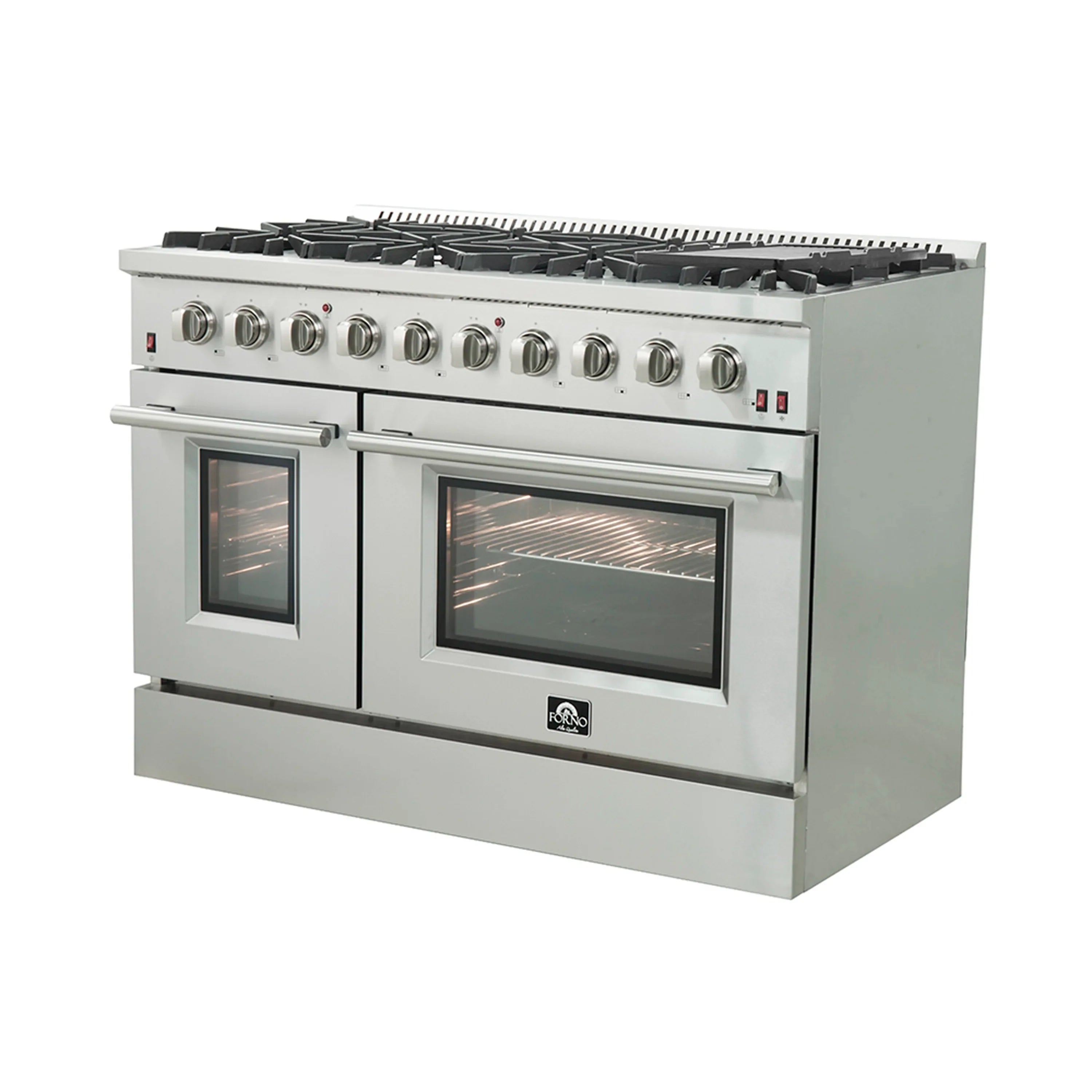 Stainless steel gas range with four front gas burners and two oven doors