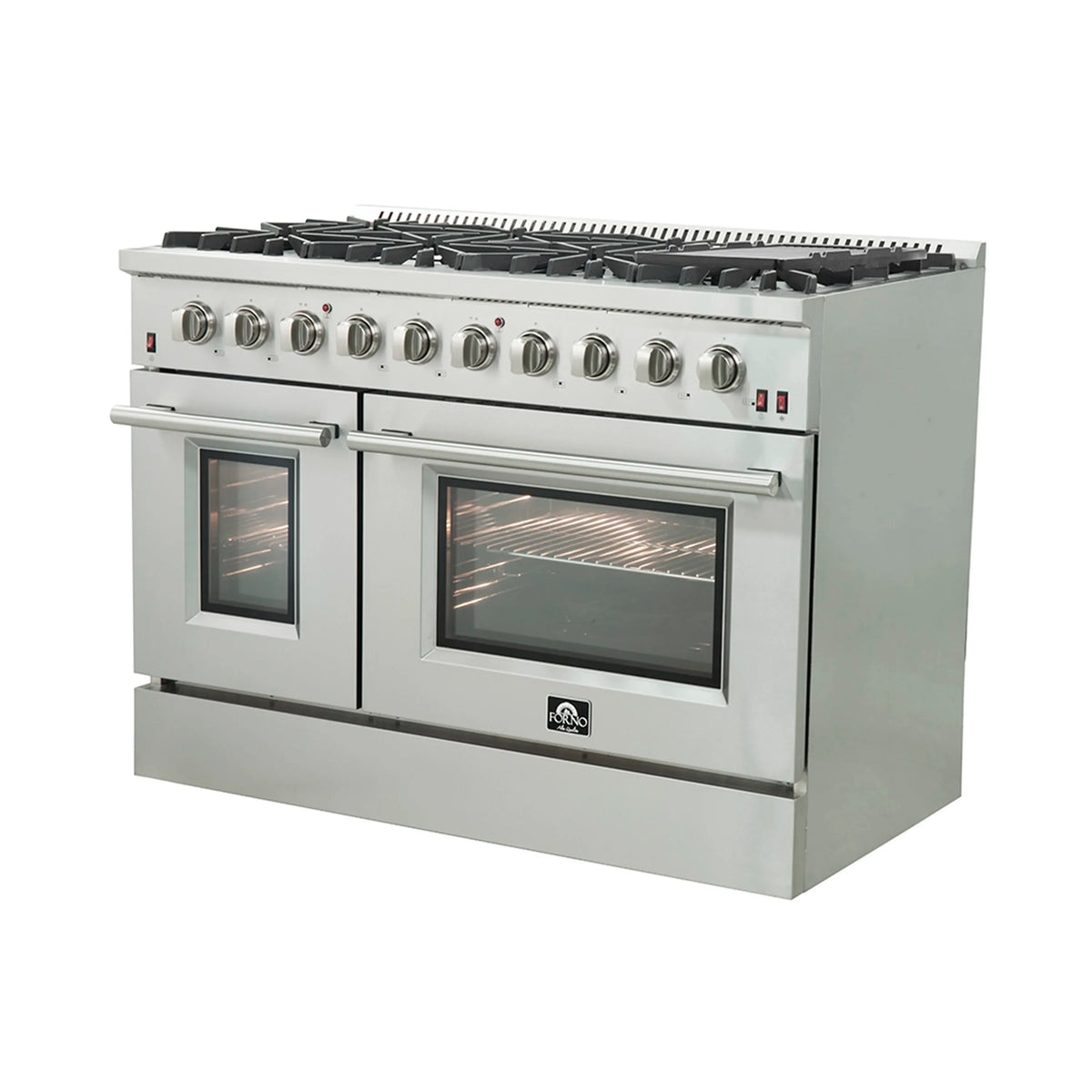 Stainless steel gas range with burner knobs and two glass oven doors