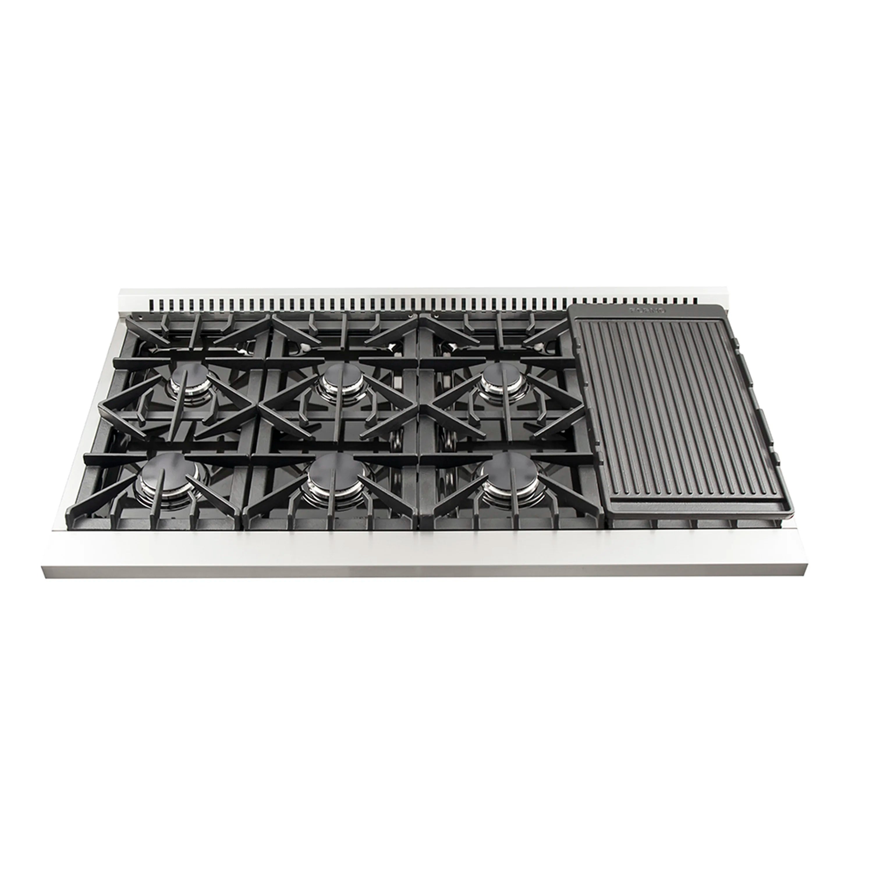 Stainless steel gas cooktop with griddle plate on the right side