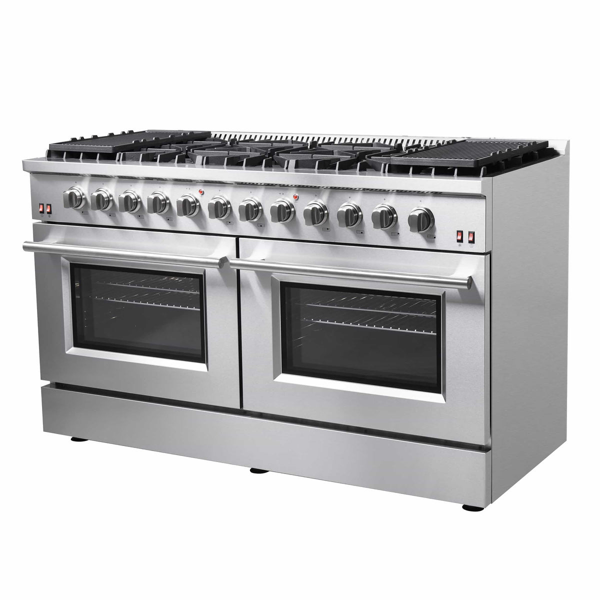 Stainless steel gas range with two closed oven doors and front row control knobs