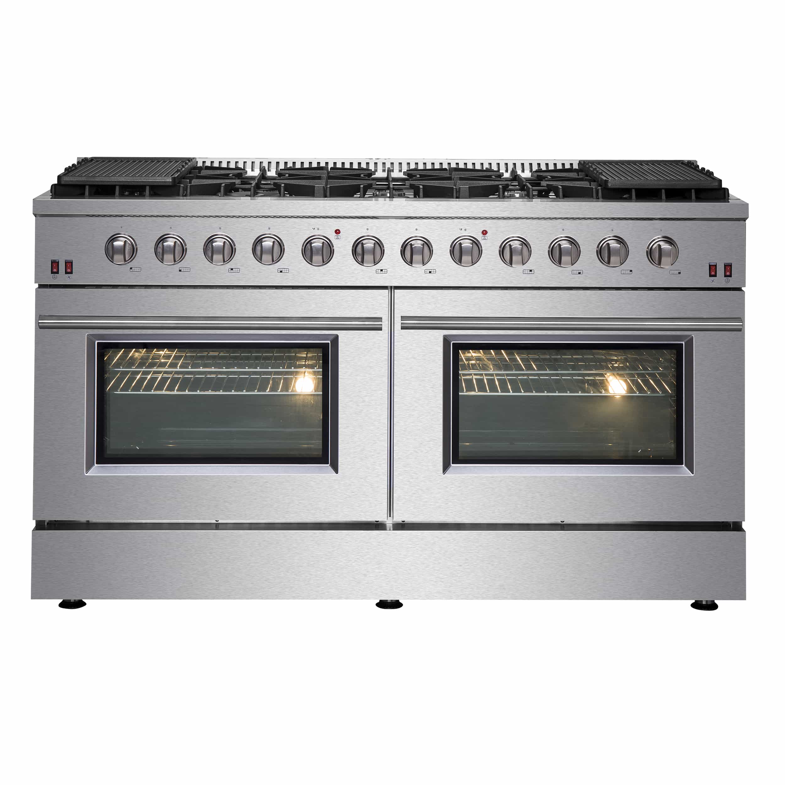 Stainless steel 60-inch gas range with two oven doors and front control knobs
