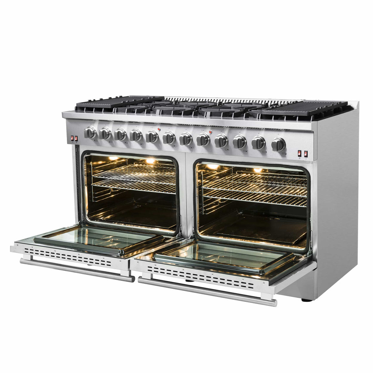 Stainless steel gas range with two open ovens and illuminated baking racks