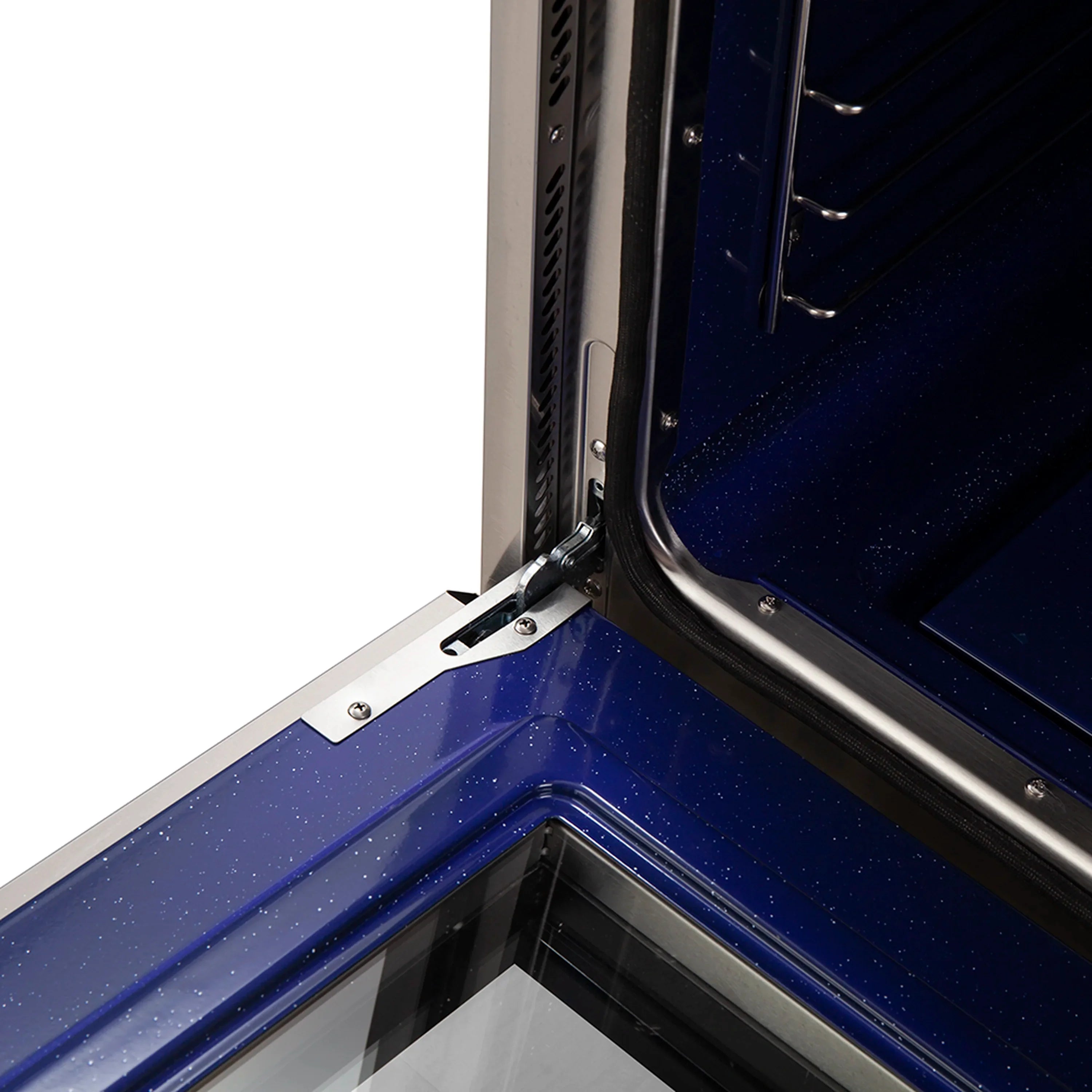 Oven door hinge and stainless frame with interior blue panel