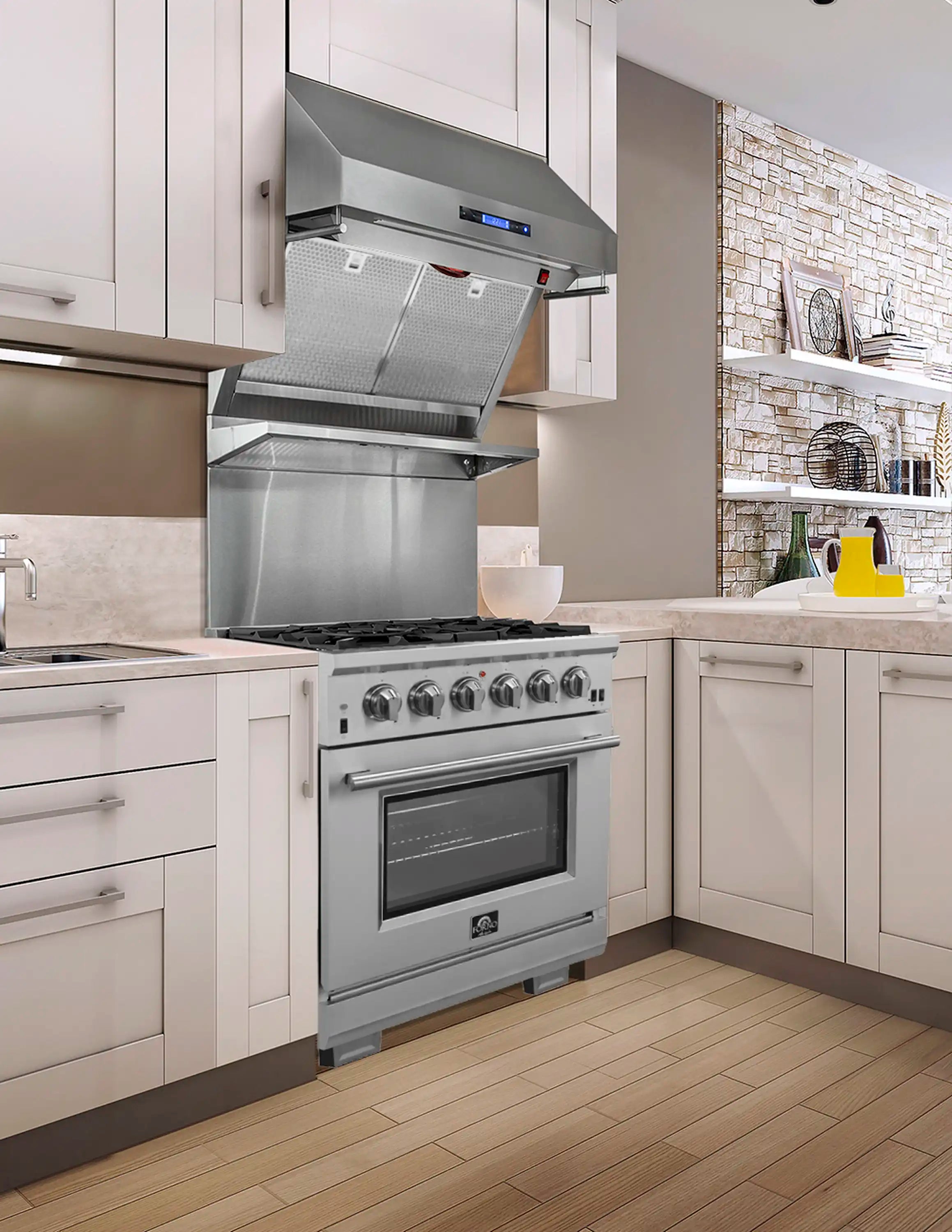 Stainless steel gas range with open hood and closed oven door in white kitchen