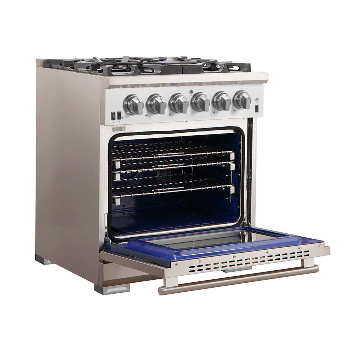 Stainless gas range with oven door open, interior racks and burner grates visible