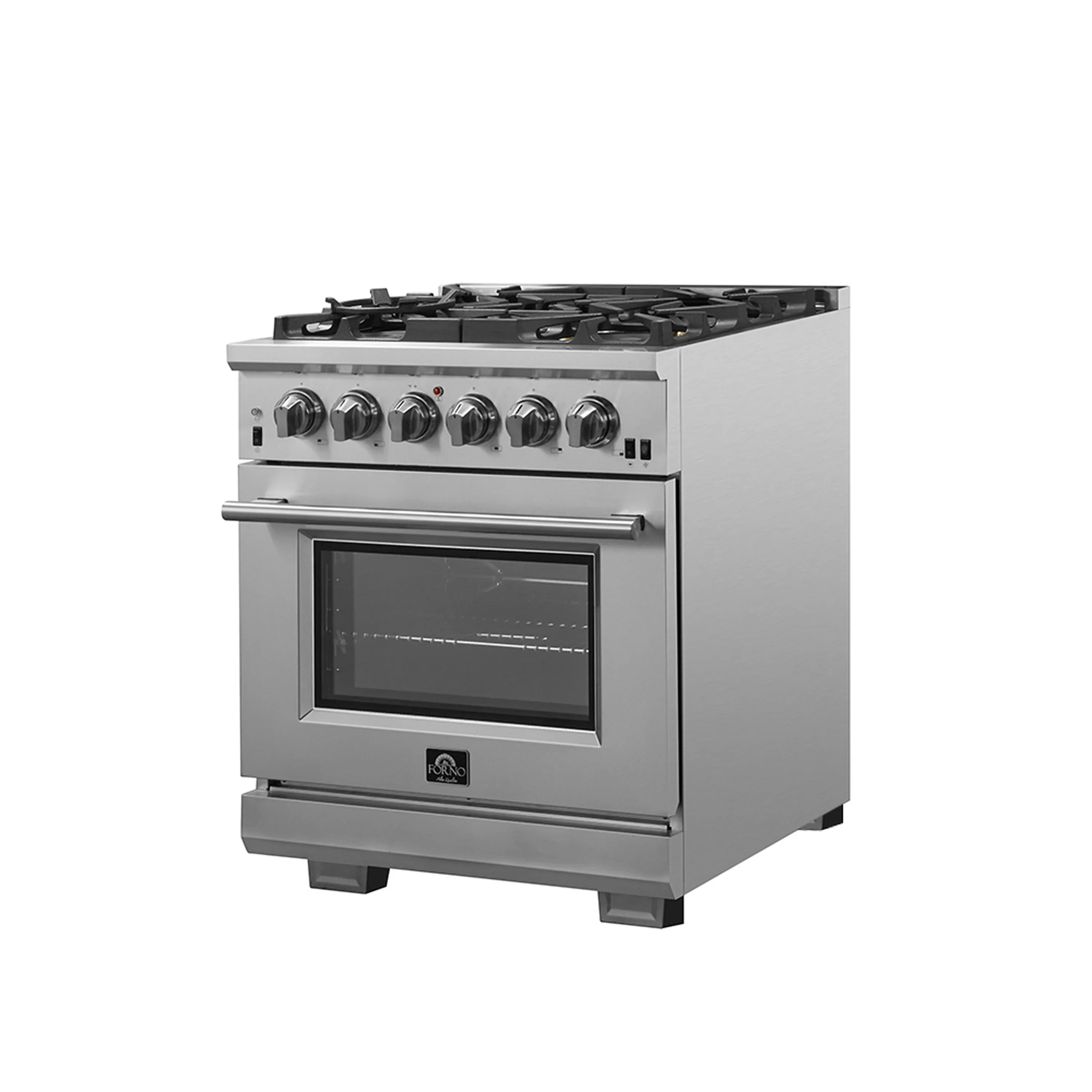 Stainless steel gas range with five burner grates and closed glass oven door