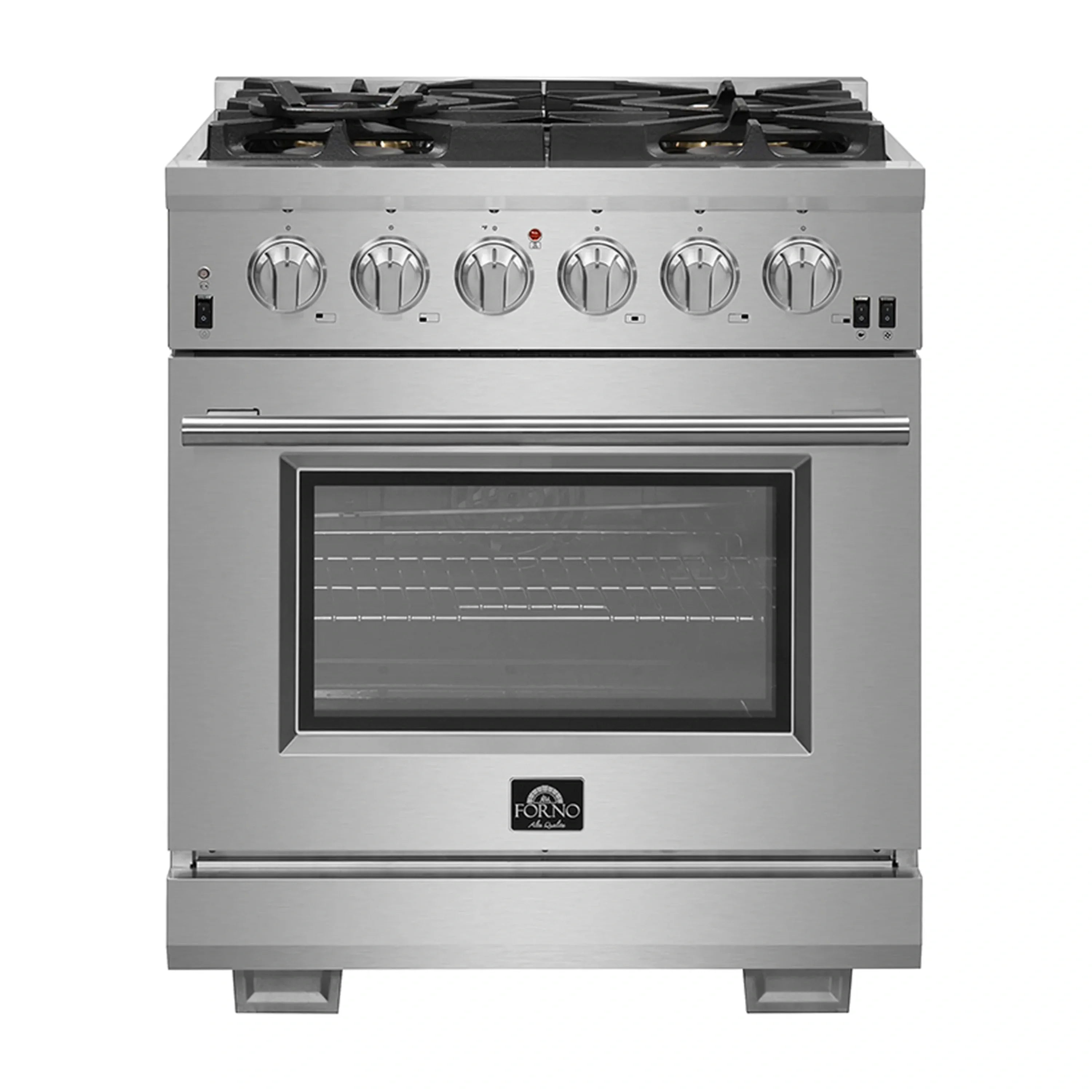 Stainless steel freestanding gas range with oven window and six burner knobs