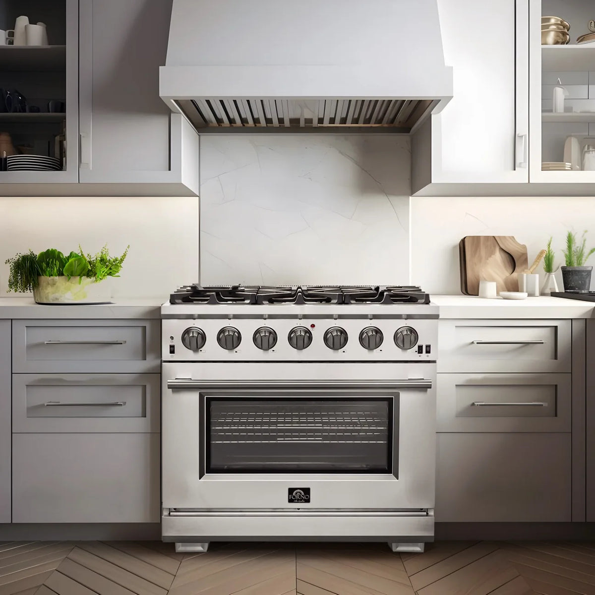 Forno 36-Inch Capriasca 5.36 Cu. Ft. Gas Range with 6 Burners, Convection Oven and 120,000 BTUs in Stainless Steel shown in a styled kitchen