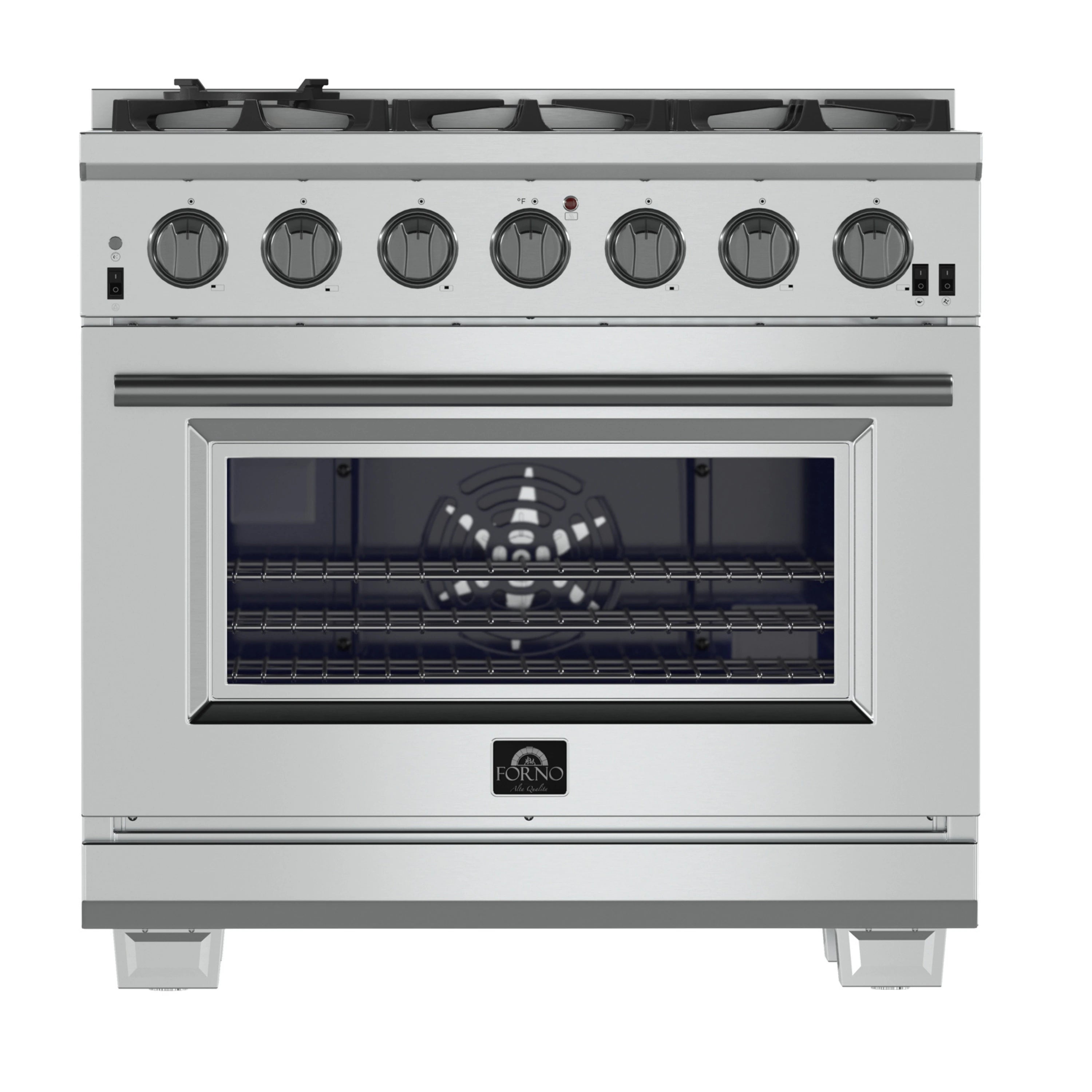 Freestanding gas range front view with 6 burner knobs and oven window, stainless