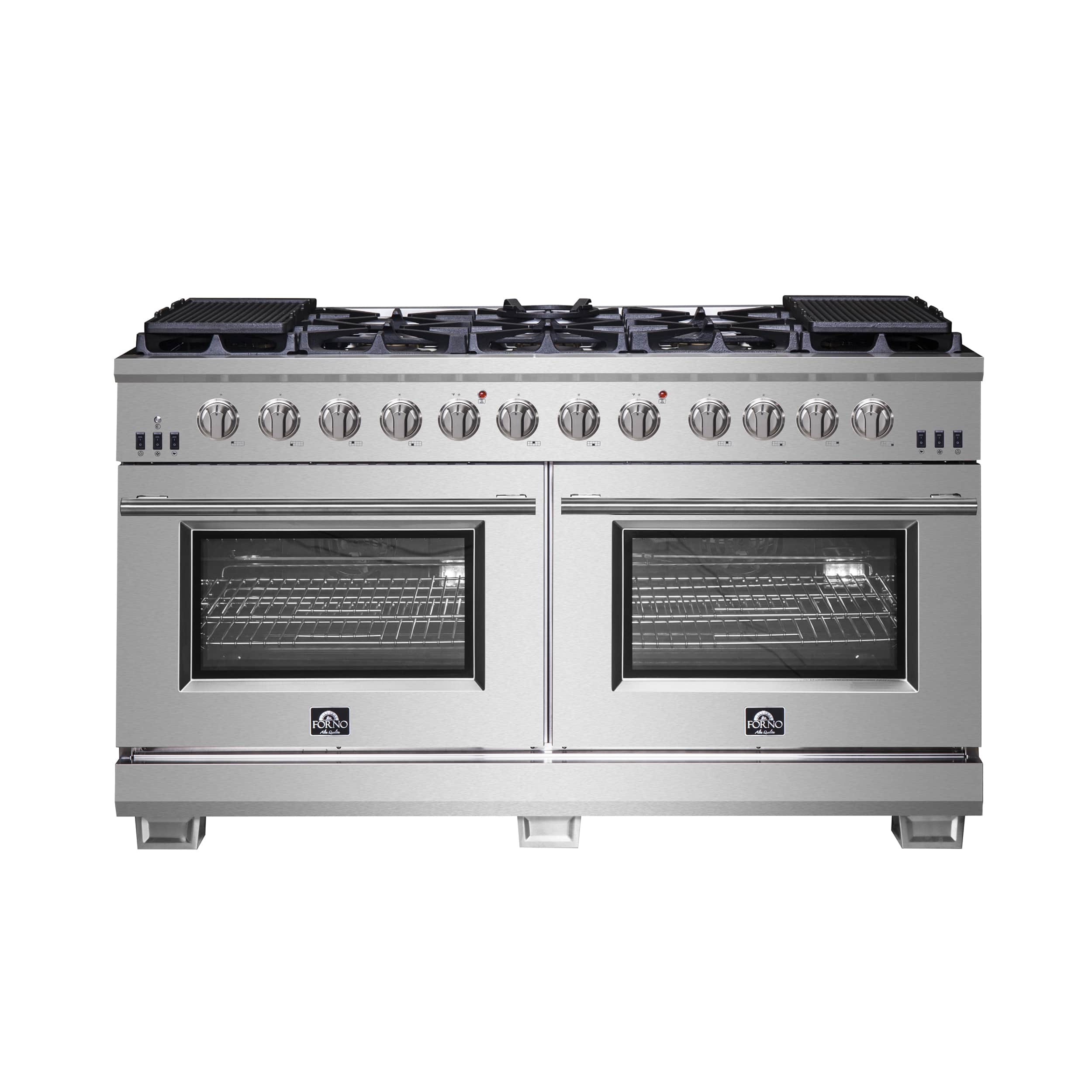 60-inch stainless gas range with dual ovens and black griddle cooktop, front view