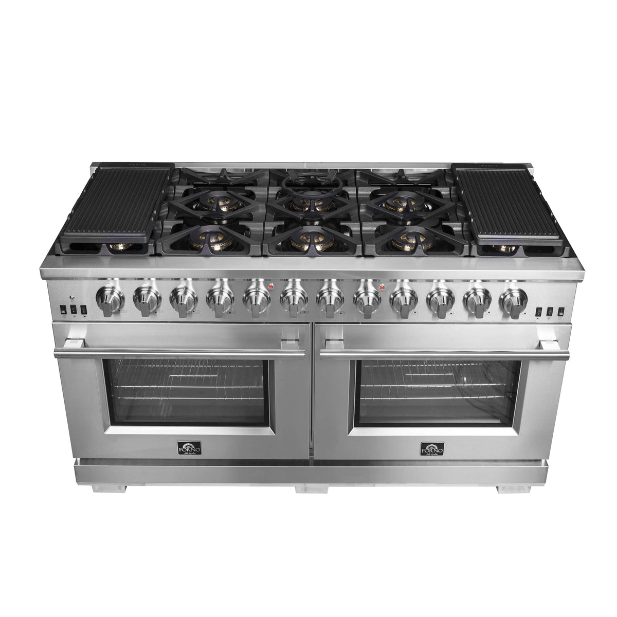 60-inch stainless gas range with black grates and knob controls, front view