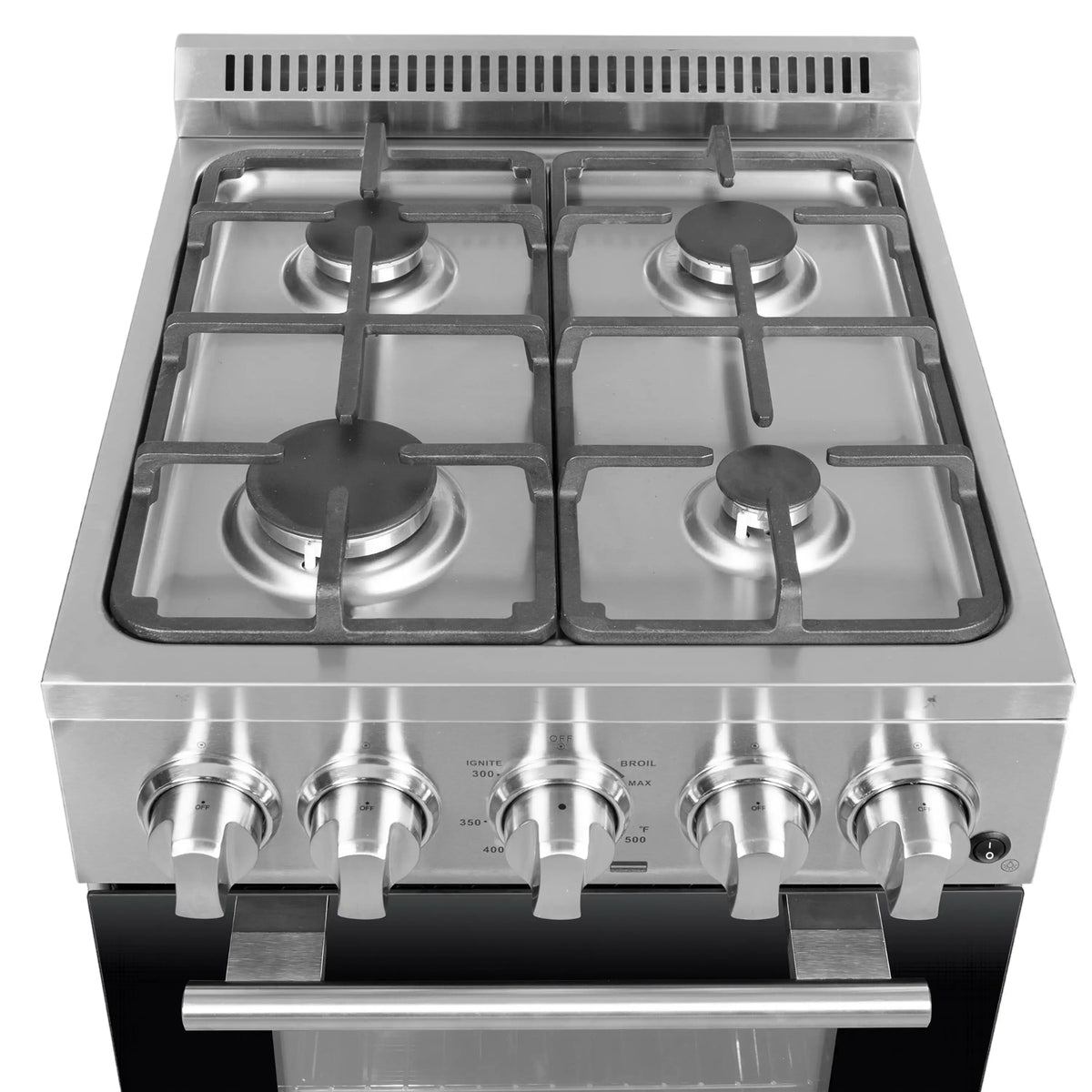 Stainless steel gas cooktop with four cast-iron style burner grates and control knobs
