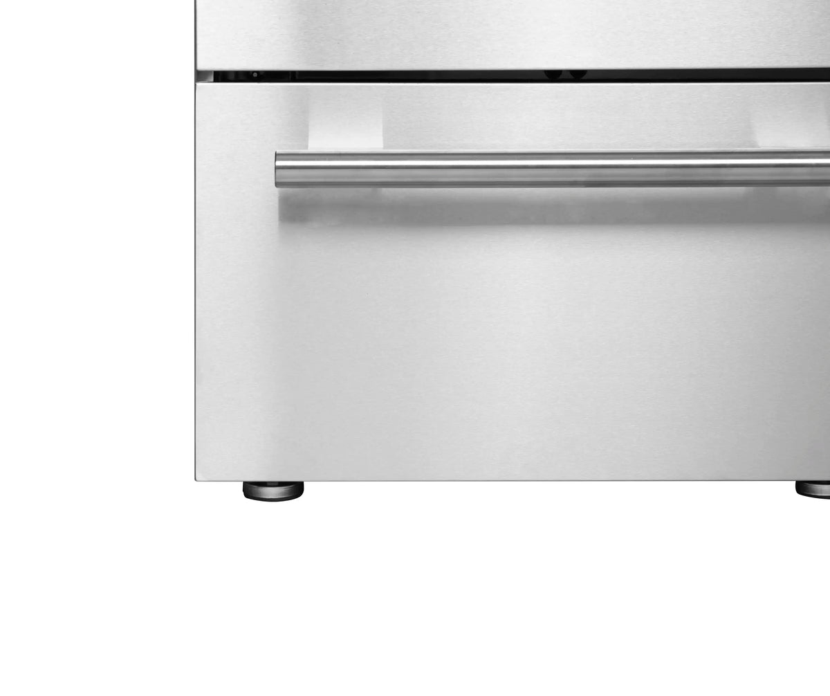 Stainless steel oven front with long handle and lower panel with leveling feet