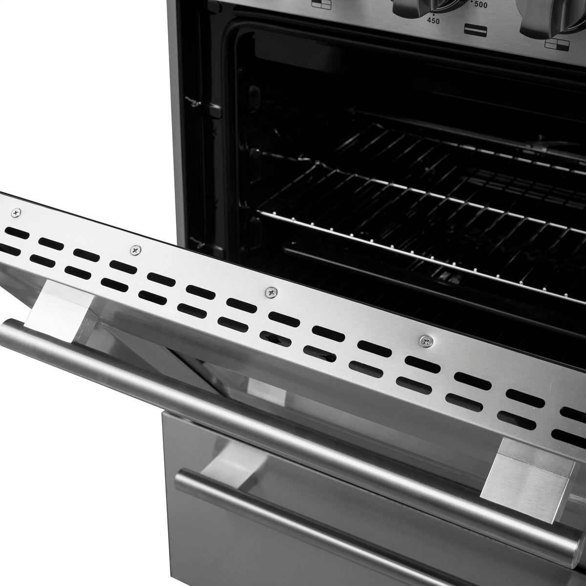Stainless steel oven door vent panel with open oven compartment and wire racks.