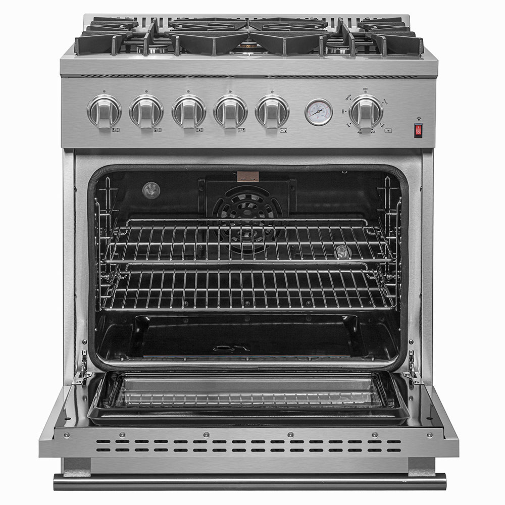 Stainless steel gas oven with racks inside and front control knobs