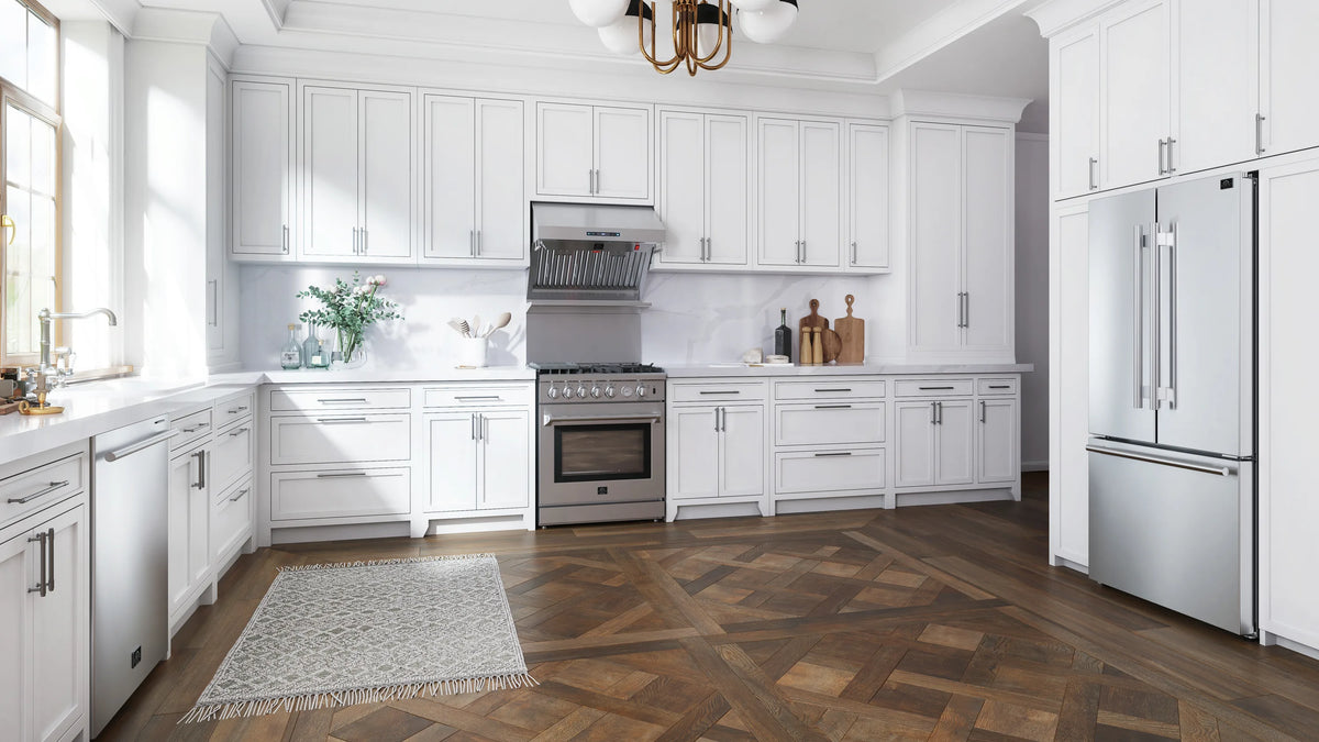 Forno 30-Inch Lazio 4.32 Cu. Ft. Gas Range with 5 Sealed Burner, Air Fryer, Wok Ring, & Reversible Griddle in Stainless Steel shown in a styled kitchen