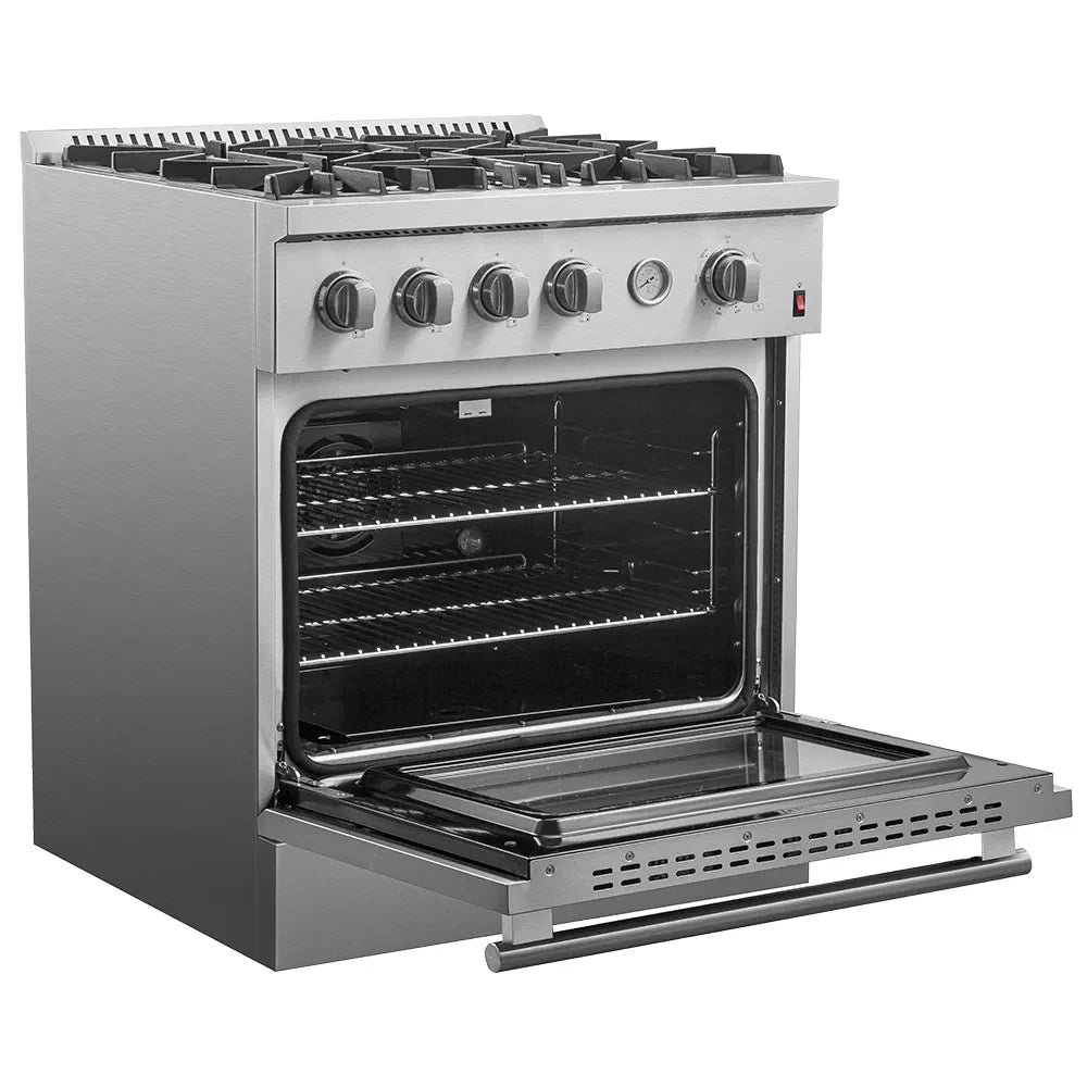 Stainless steel gas range with oven door open and upper wire rack installed