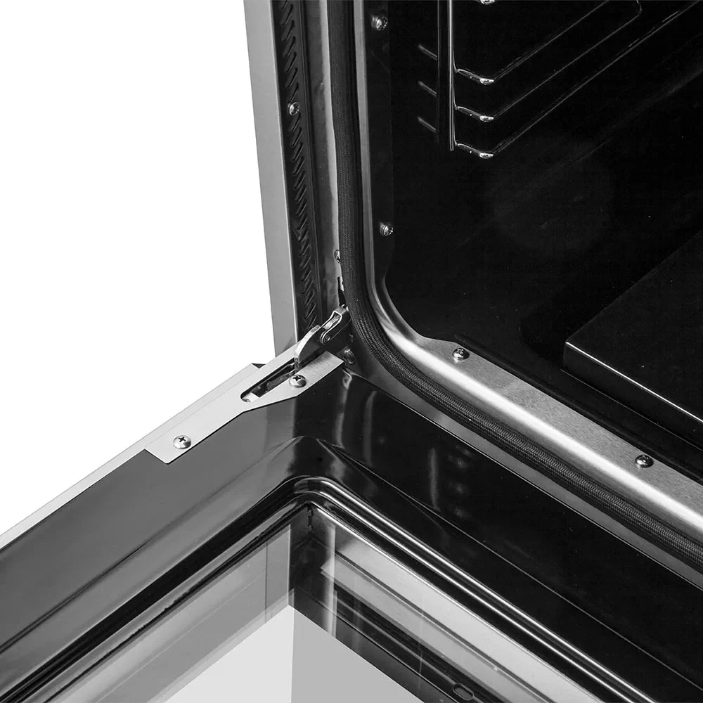 Stainless steel gas range oven door frame and inner cavity close-up
